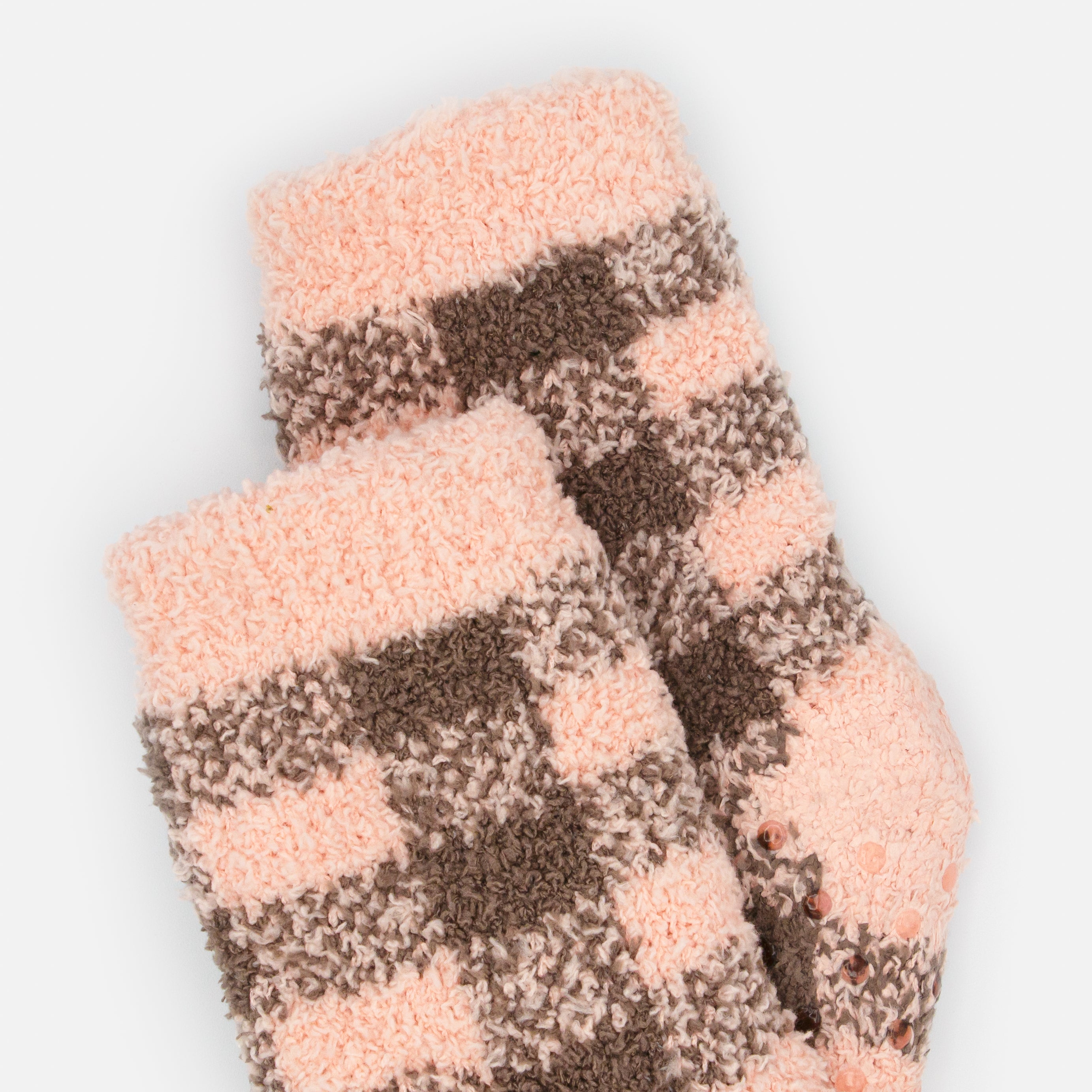 Pale pink cozy stockings with brown plaid