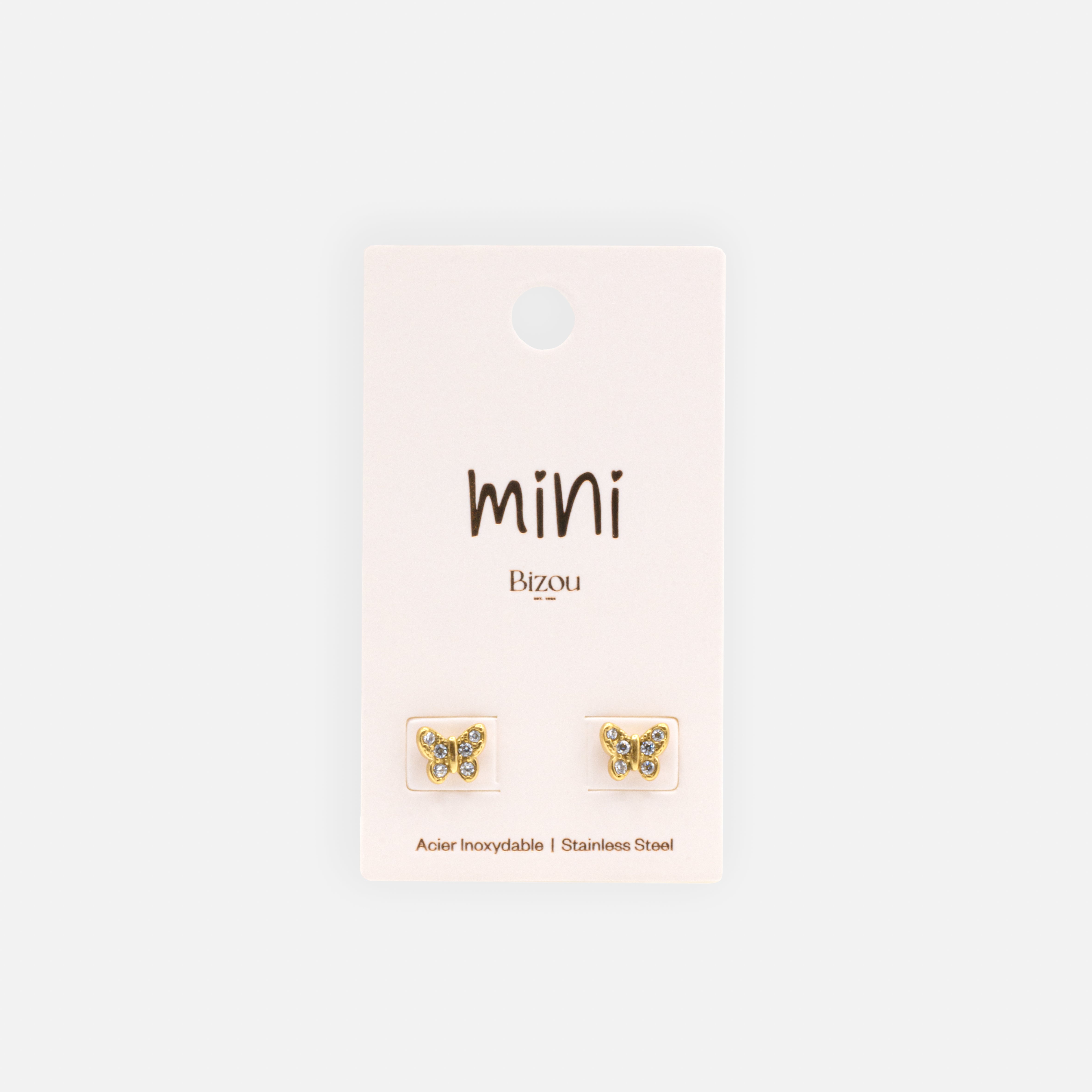 Mini boucles d'oreilles papillons dorés avec zircons cubiques en acier inoxydable