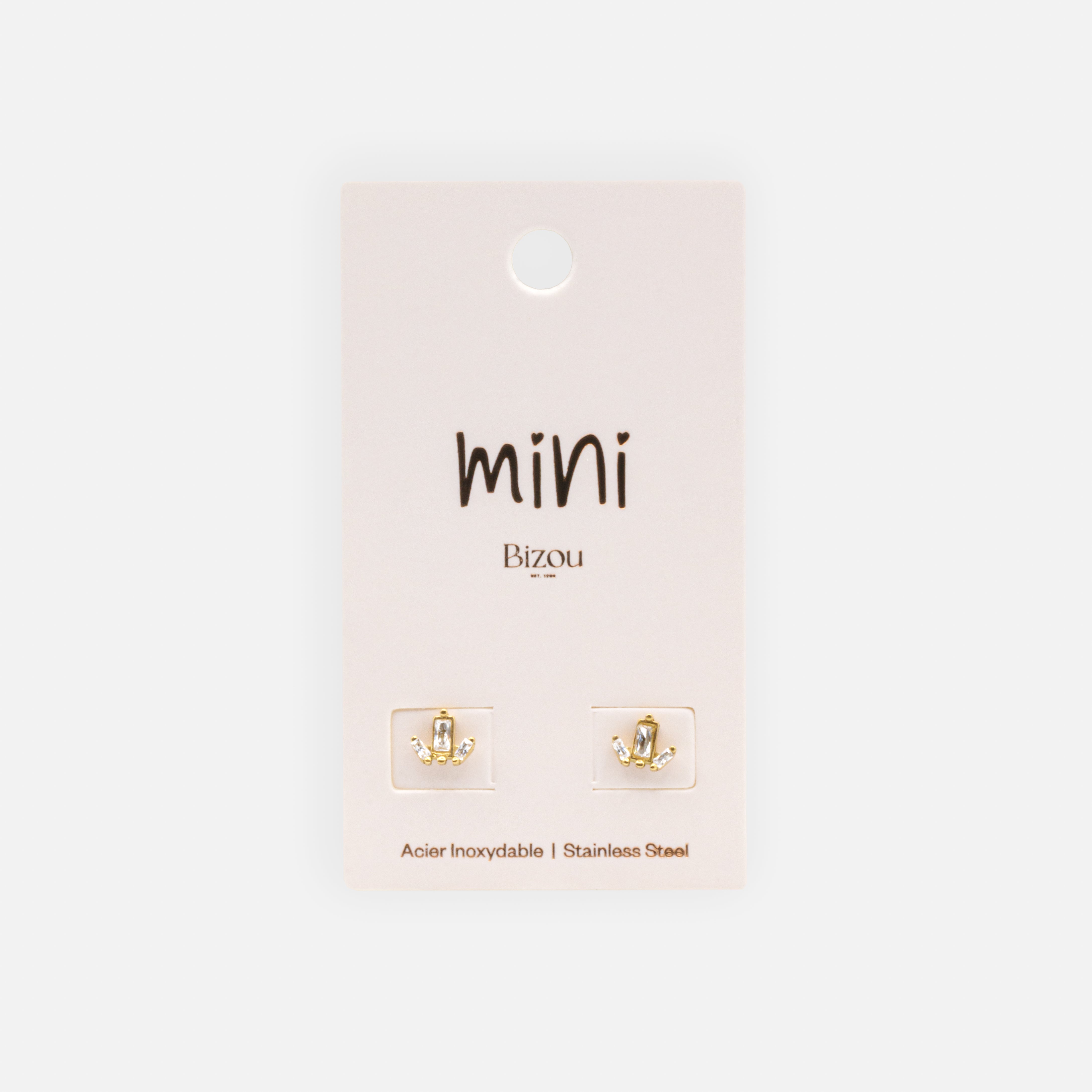 Mini boucles d'oreilles dorées trio de pierres rectangulaires en acier inoxydable