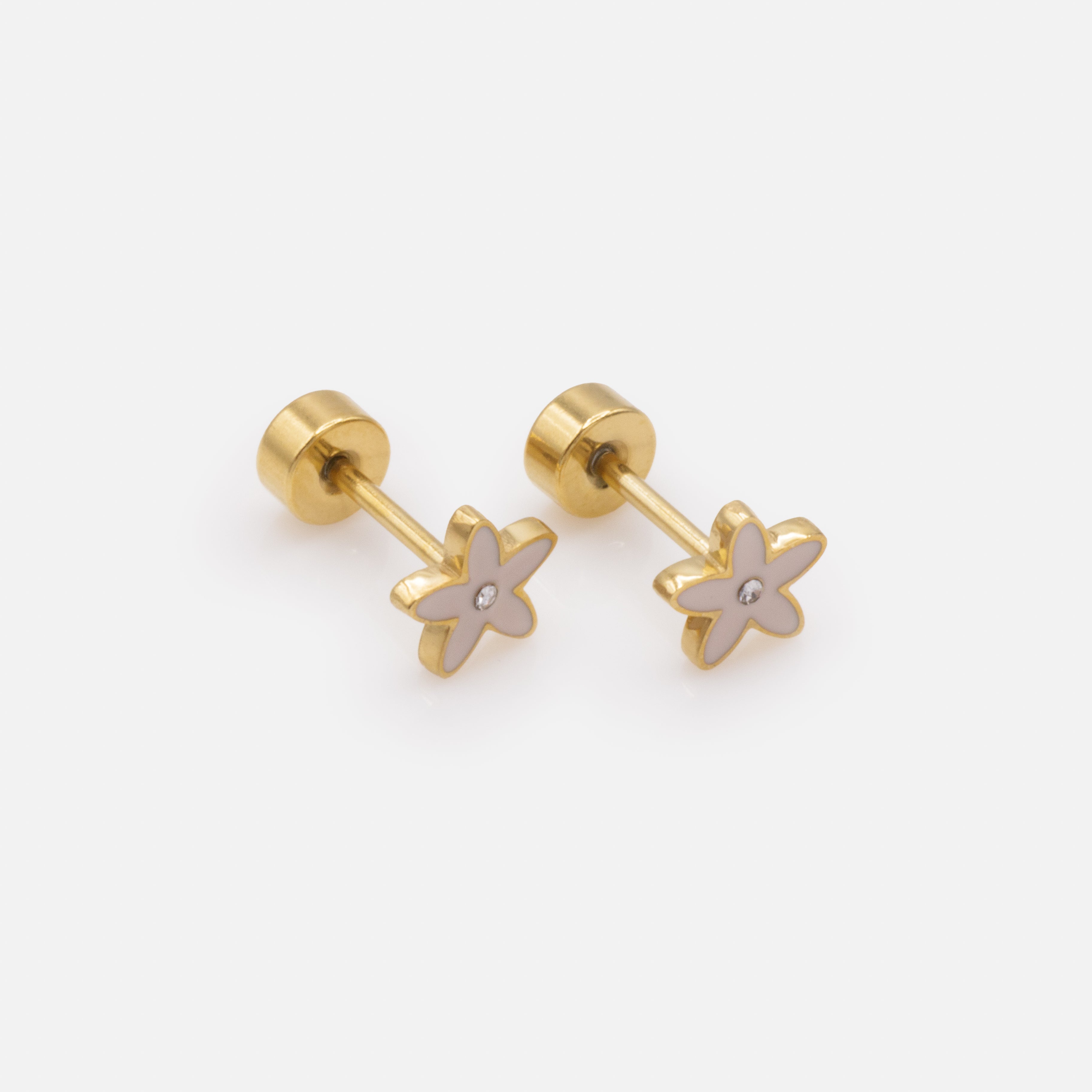 Mini boucles d'oreilles dorées fleurs rose pâle avec zircon cubique central en acier inoxydable