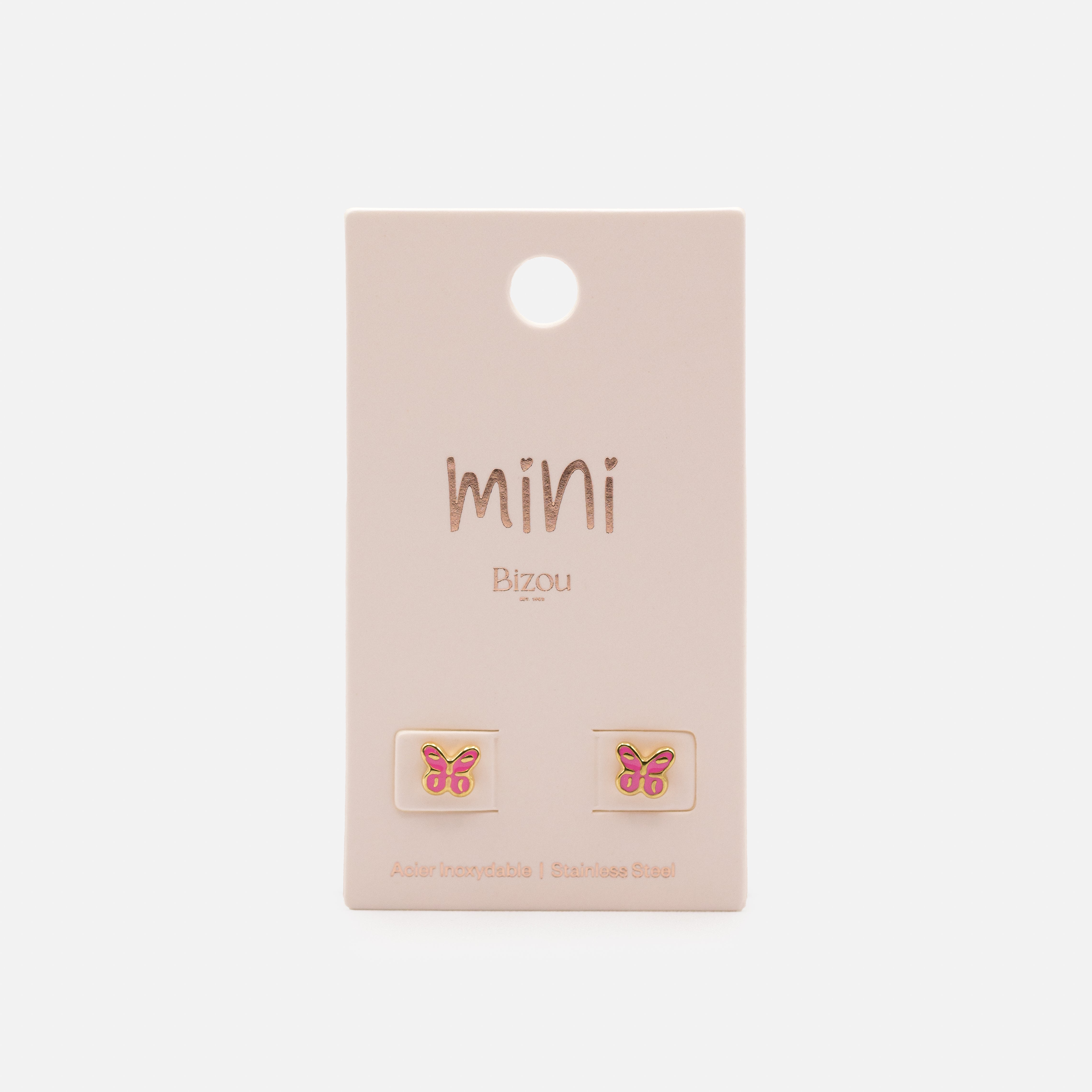 Mini boucles d'oreilles dorées papillons roses en acier inoxydable