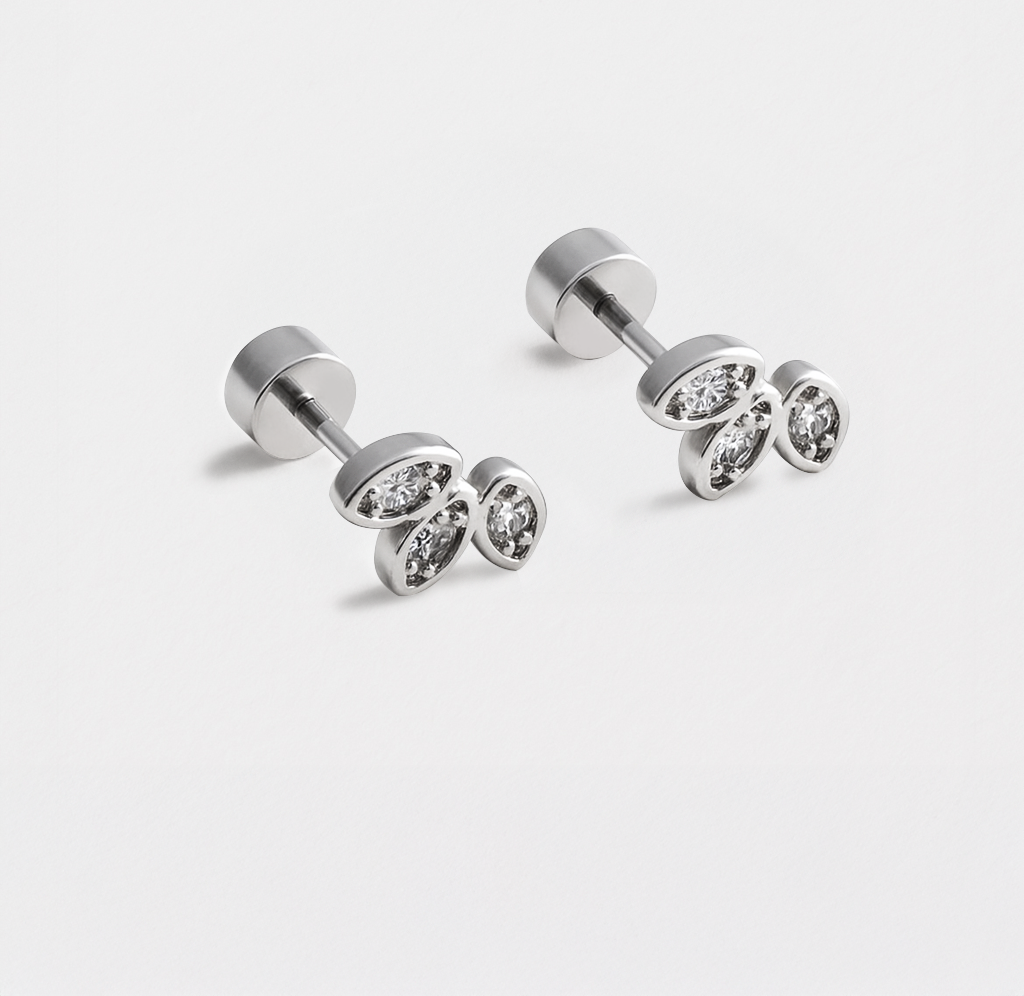 Mini boucles d'oreilles feuilles argentées en acier inoxydable & zircons cubiques