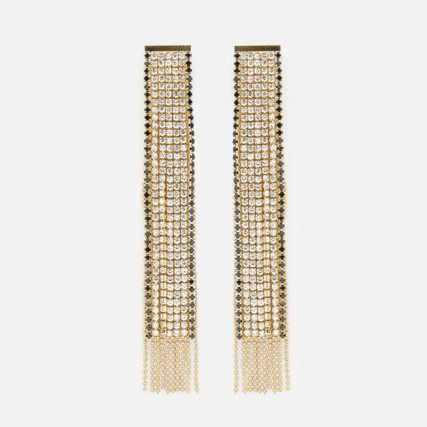 Load image into Gallery viewer, Long gold earrings with fine beads and black cubic zirconias