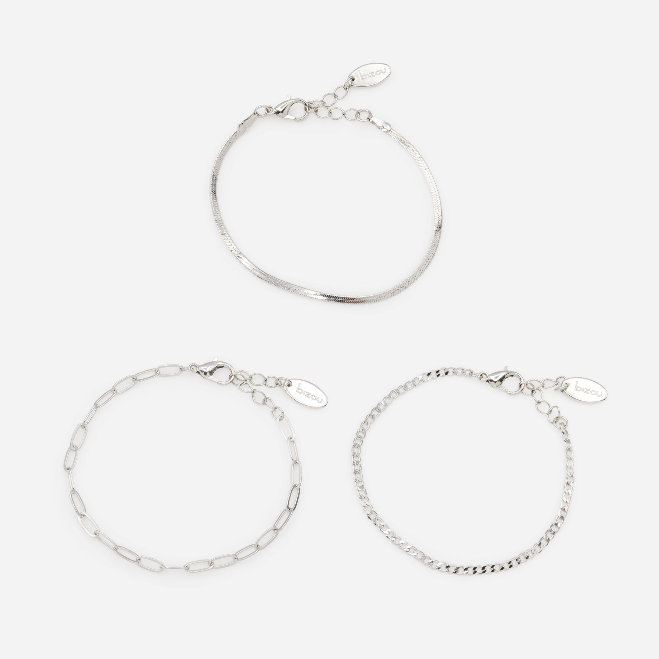 Set of three silver bracelets with delicate links