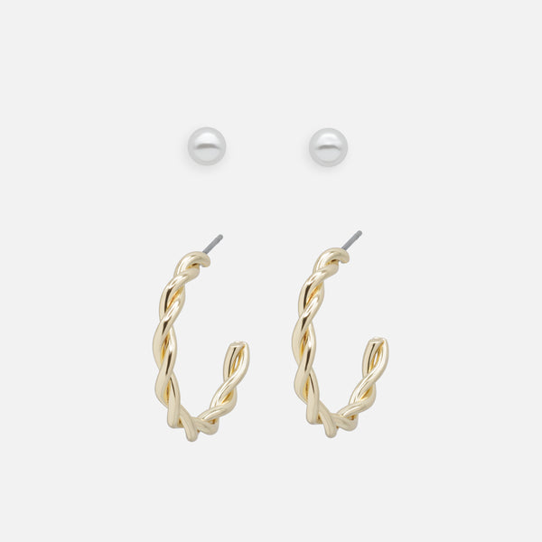 Load image into Gallery viewer, Duo of pearl earrings and twisted gold rings