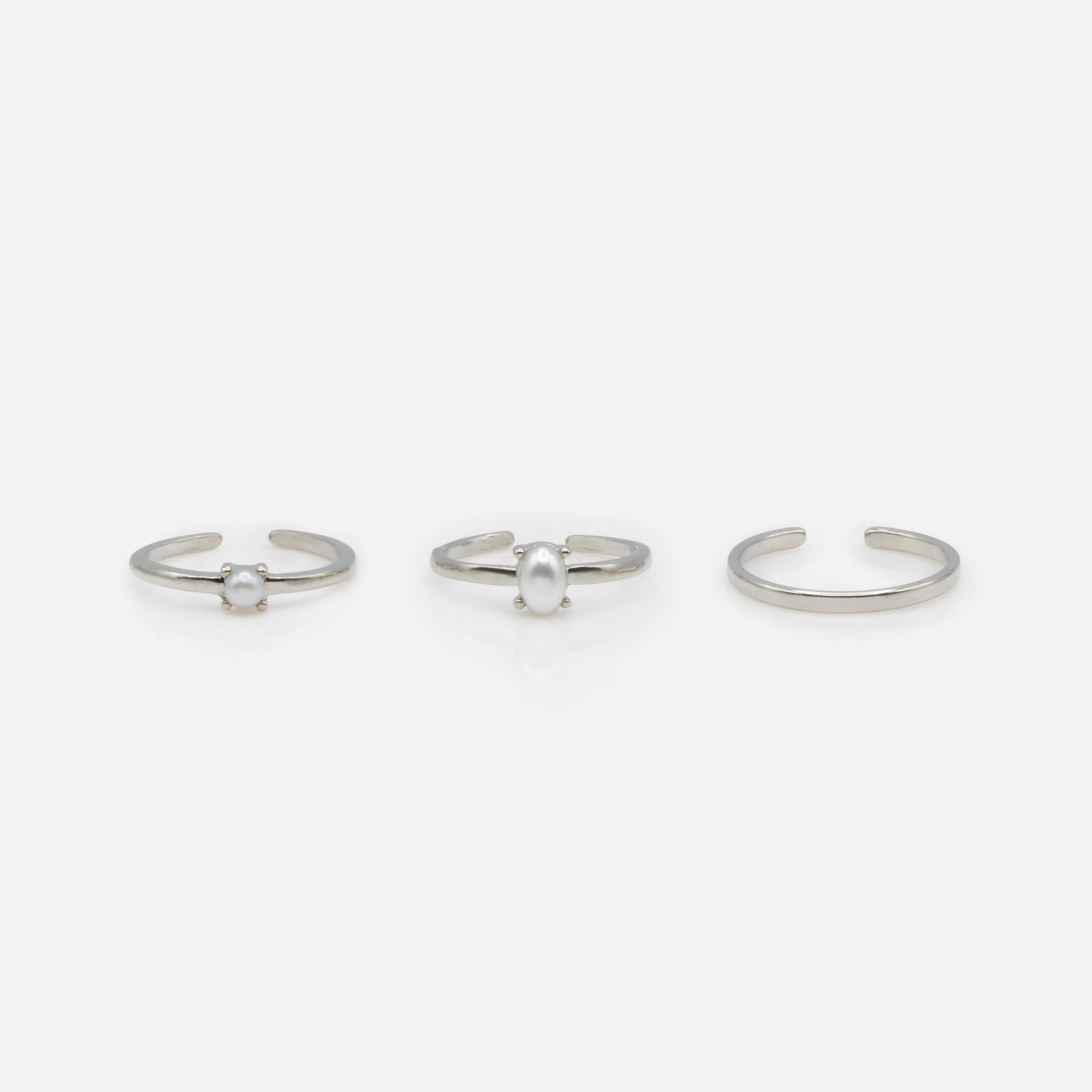 Ensemble trois bagues ouvertes argentées perles ronde et ovale