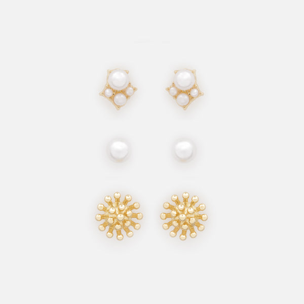 Charger l'image dans la galerie, Trio de boucles d'oreilles dorées perles et fleurs