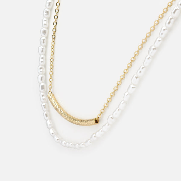 Charger l'image dans la galerie, Collier deux rangs perles synthétiques et chaîne dorée