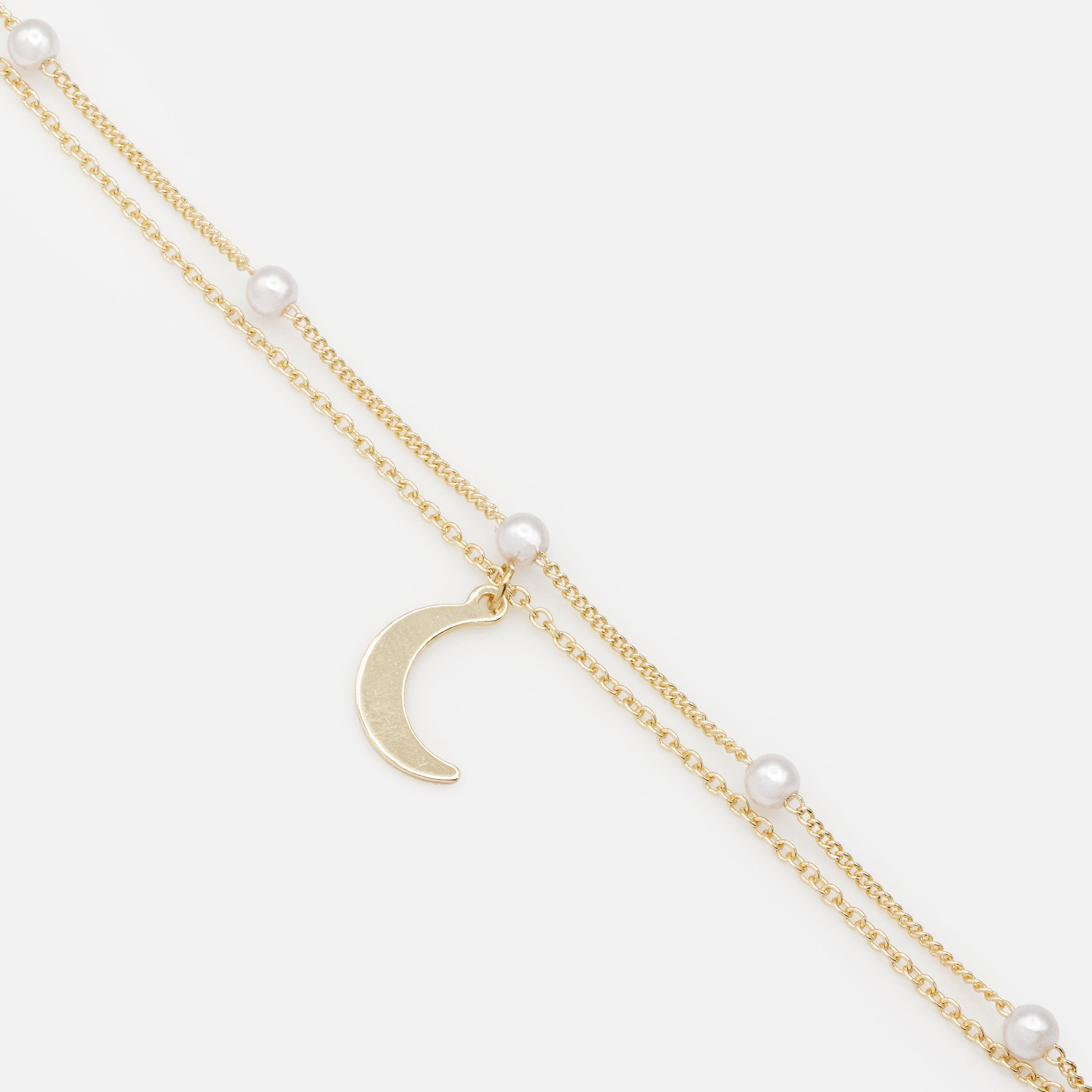 Bracelet doré double chaîne perles & breloque lune