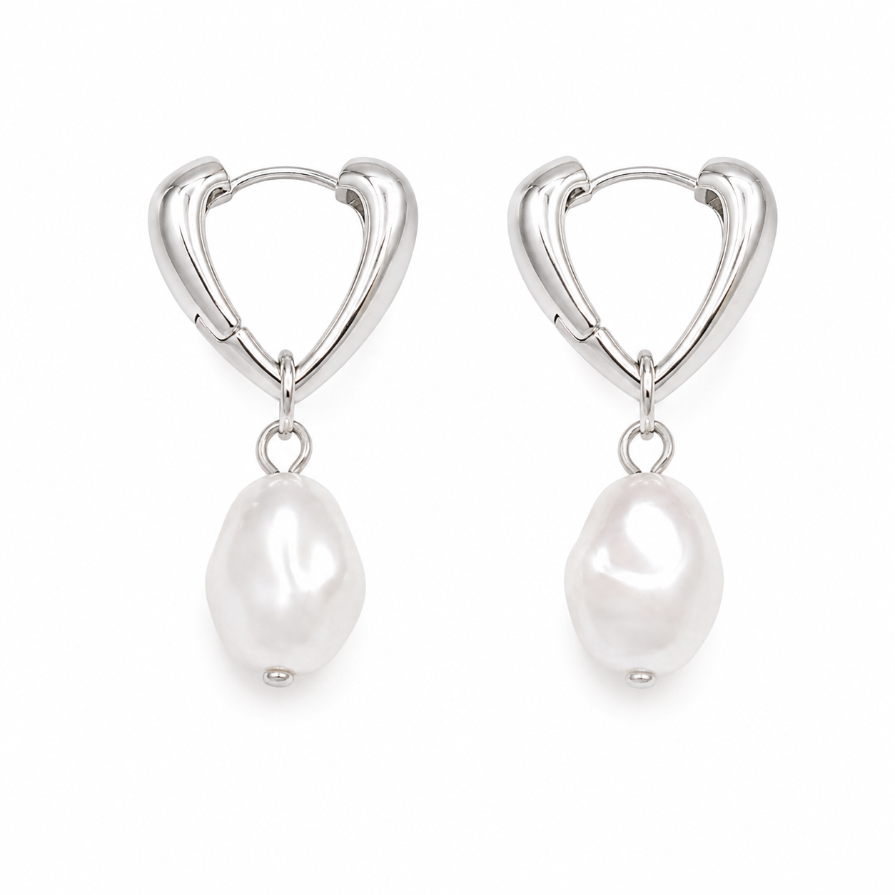 Silver triangle huggie earrings with pearl charm