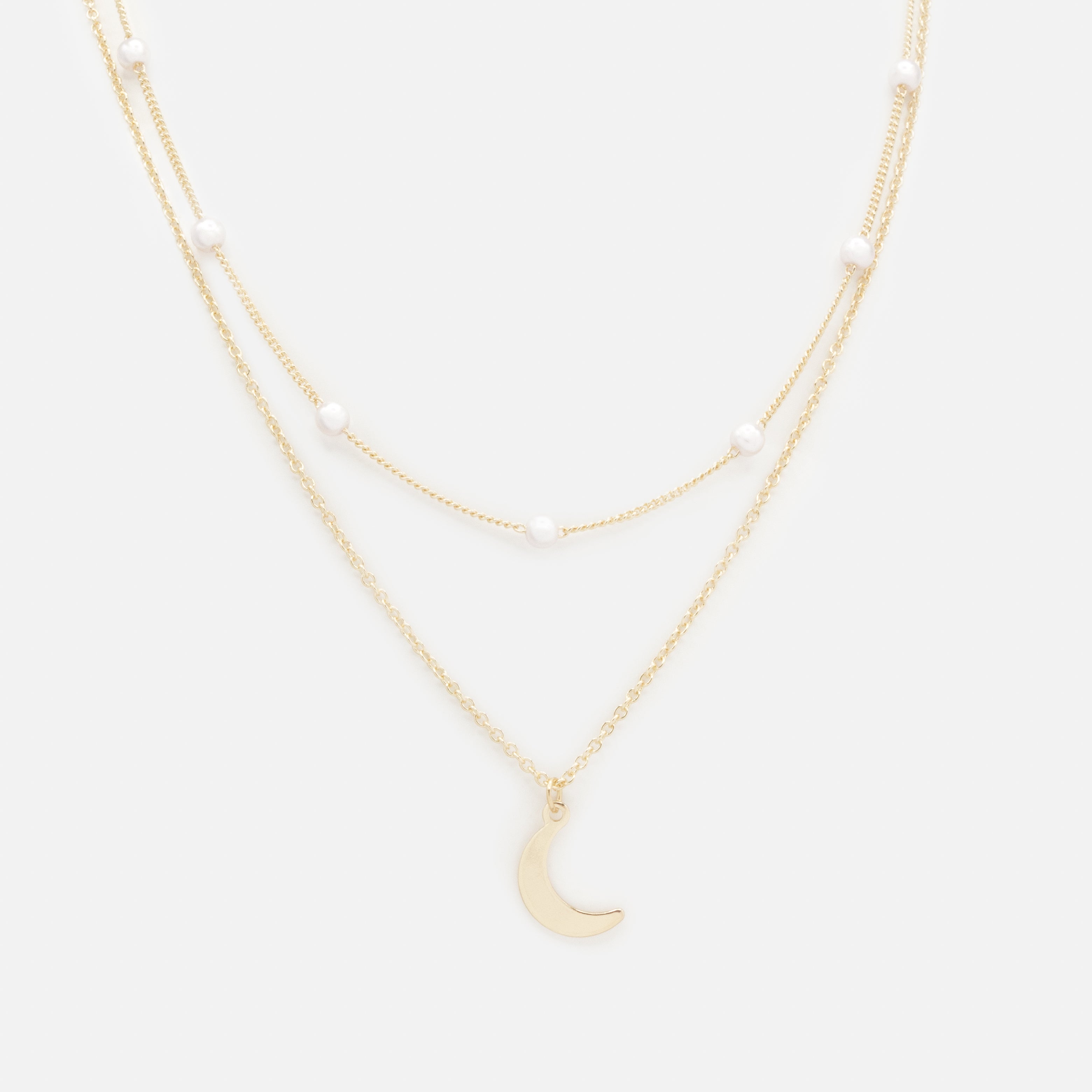 Collier doré double chaîne perles & breloque lune