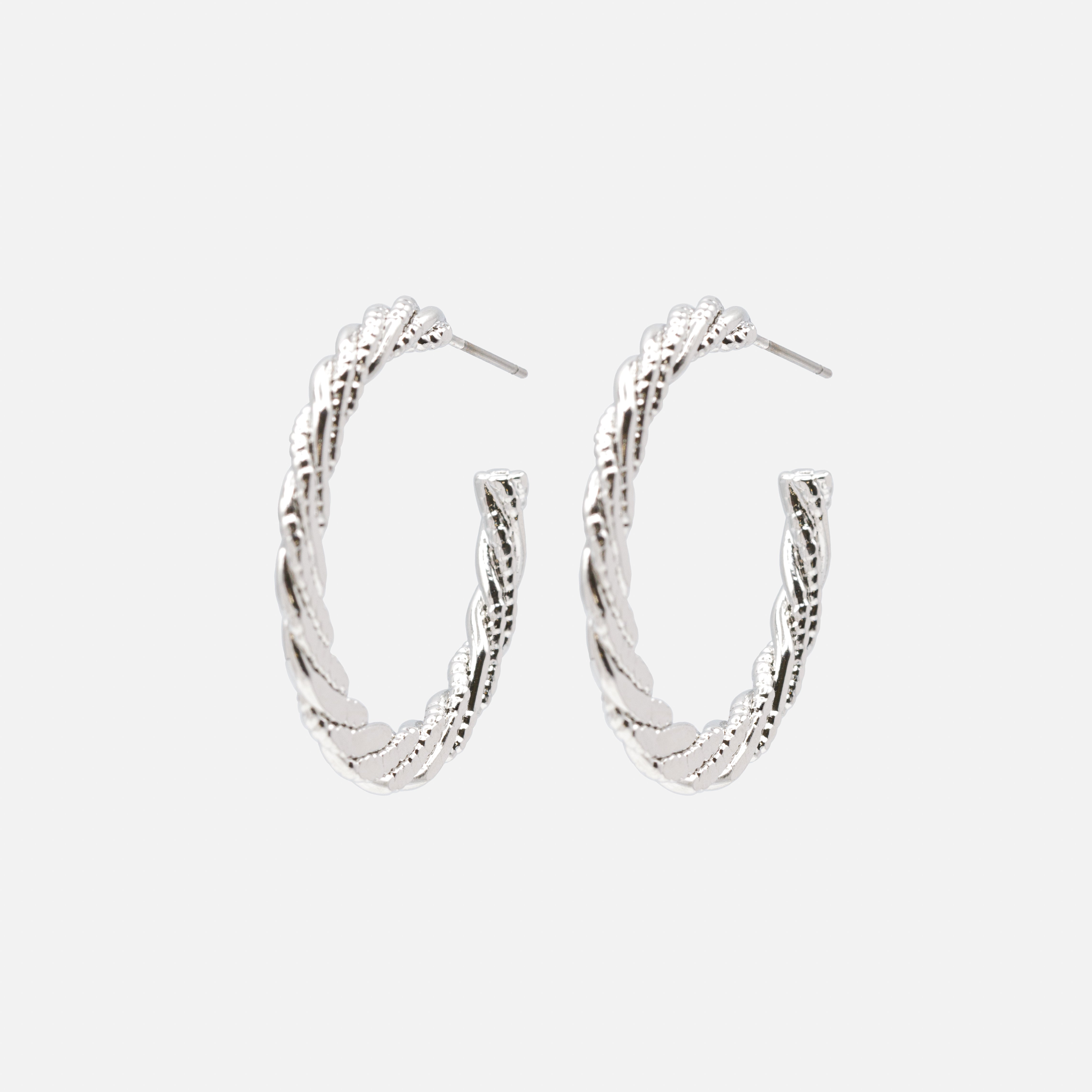 Silver twisted and textured hoop earrings