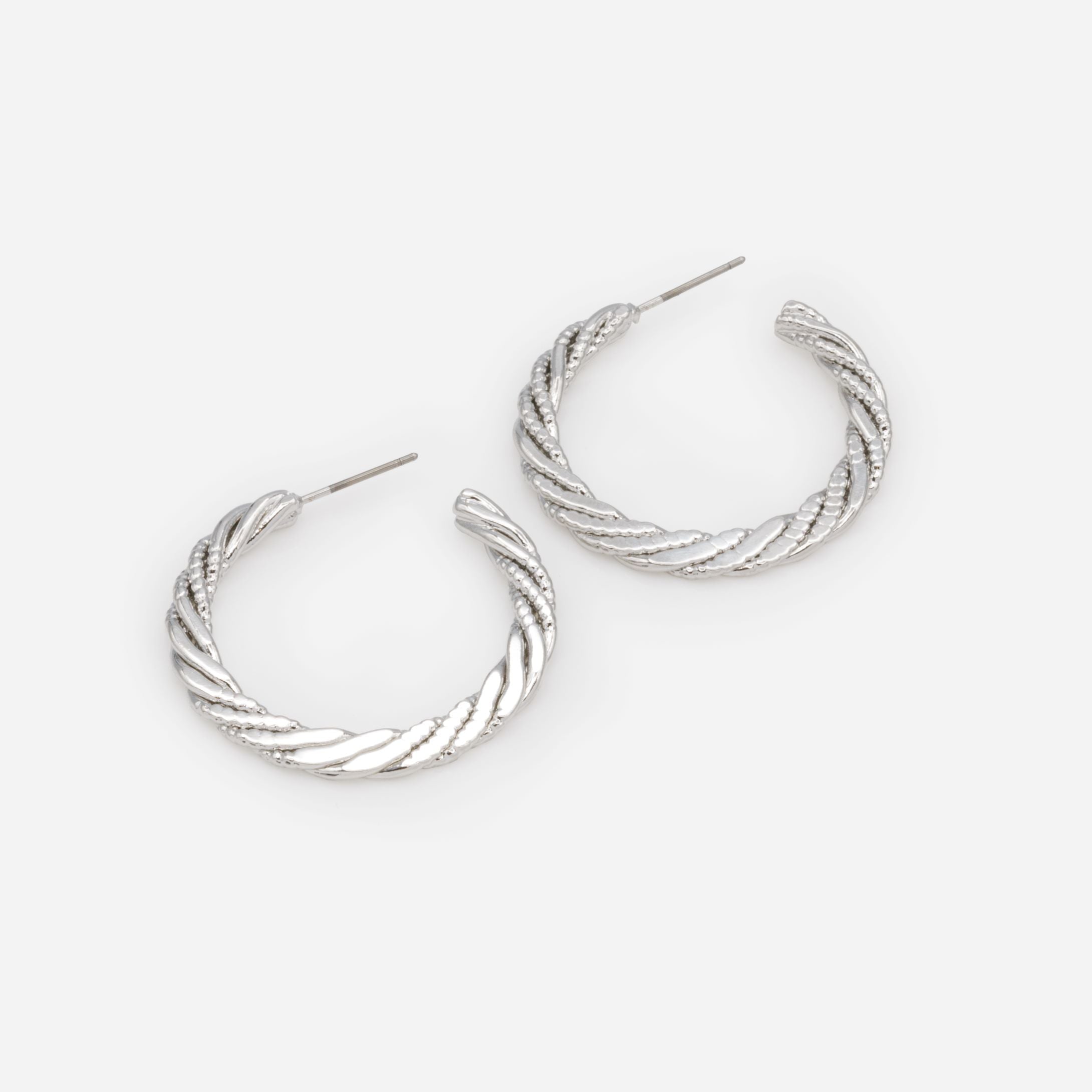 Silver twisted and textured hoop earrings