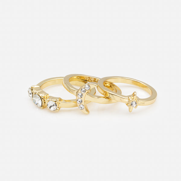 Load image into Gallery viewer, Trio of gold moon and star rings with cubic zirconia