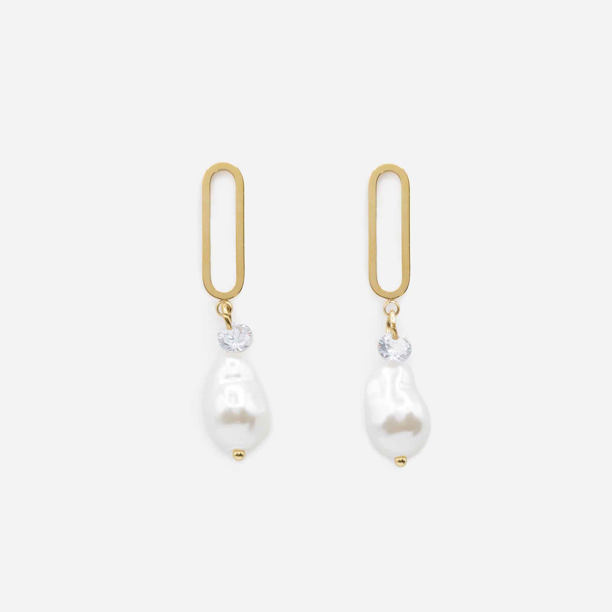 Long golden earrings with pearls and cubic zirconia in stainless steel