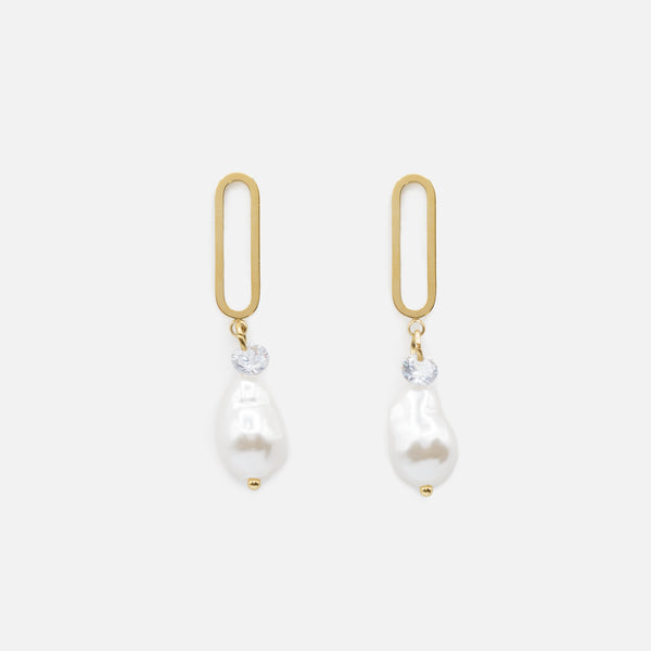 Load image into Gallery viewer, Long golden earrings with pearls and cubic zirconia in stainless steel