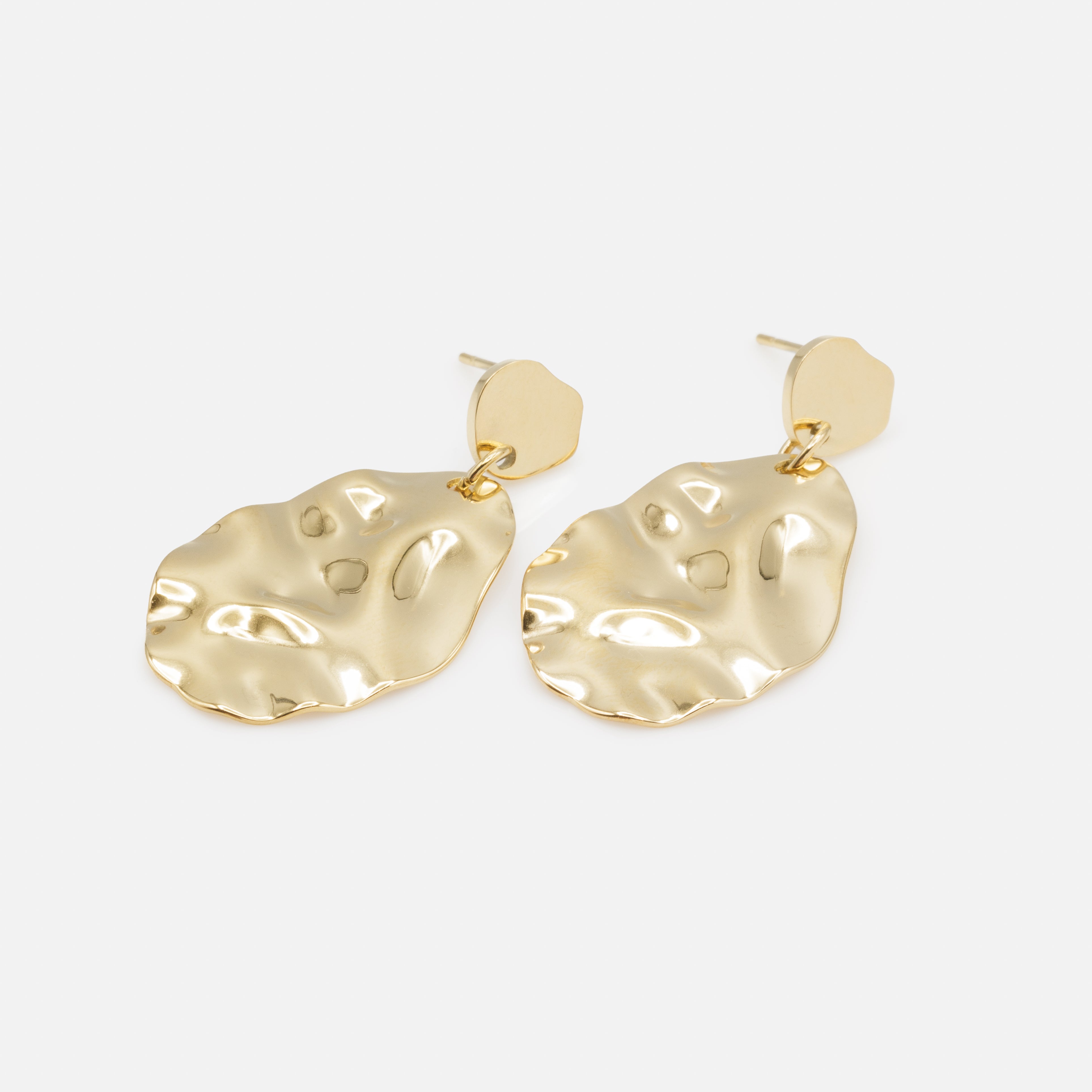Boucles d'oreilles dorées plaques ovales froissées en acier inoxydable