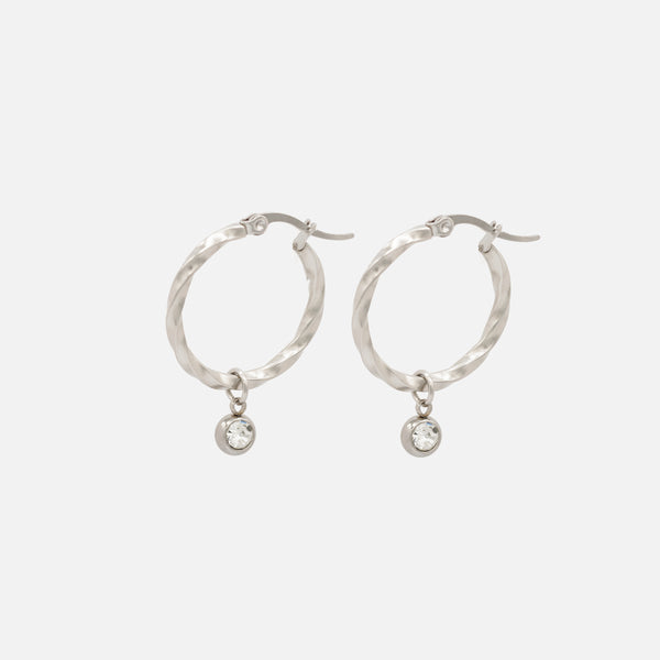 Load image into Gallery viewer, Twisted silver hoop earrings with removable cubic zirconia charm in stainless steel