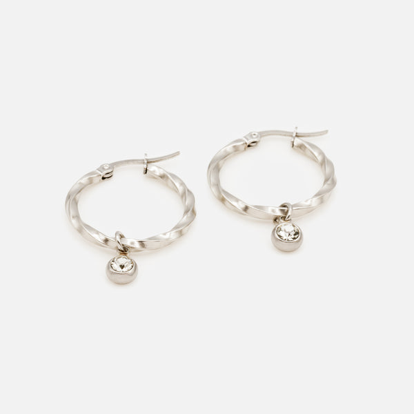 Load image into Gallery viewer, Twisted silver hoop earrings with removable cubic zirconia charm in stainless steel