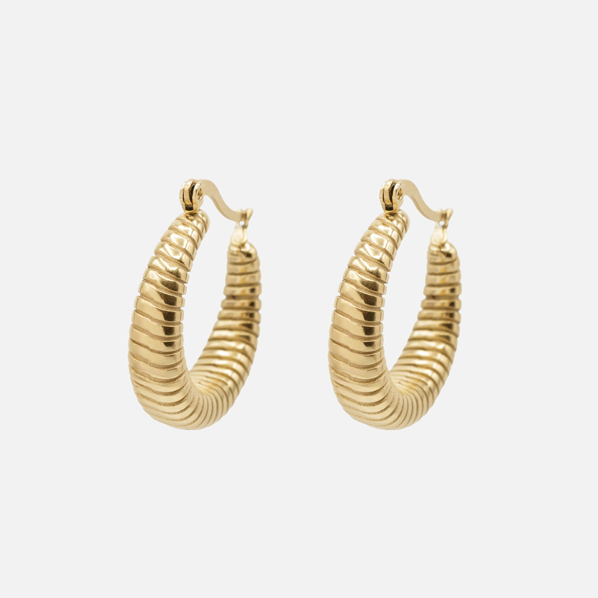 Wide gold hoop earrings with grooves in stainless steel