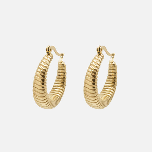 Load image into Gallery viewer, Wide gold hoop earrings with grooves in stainless steel