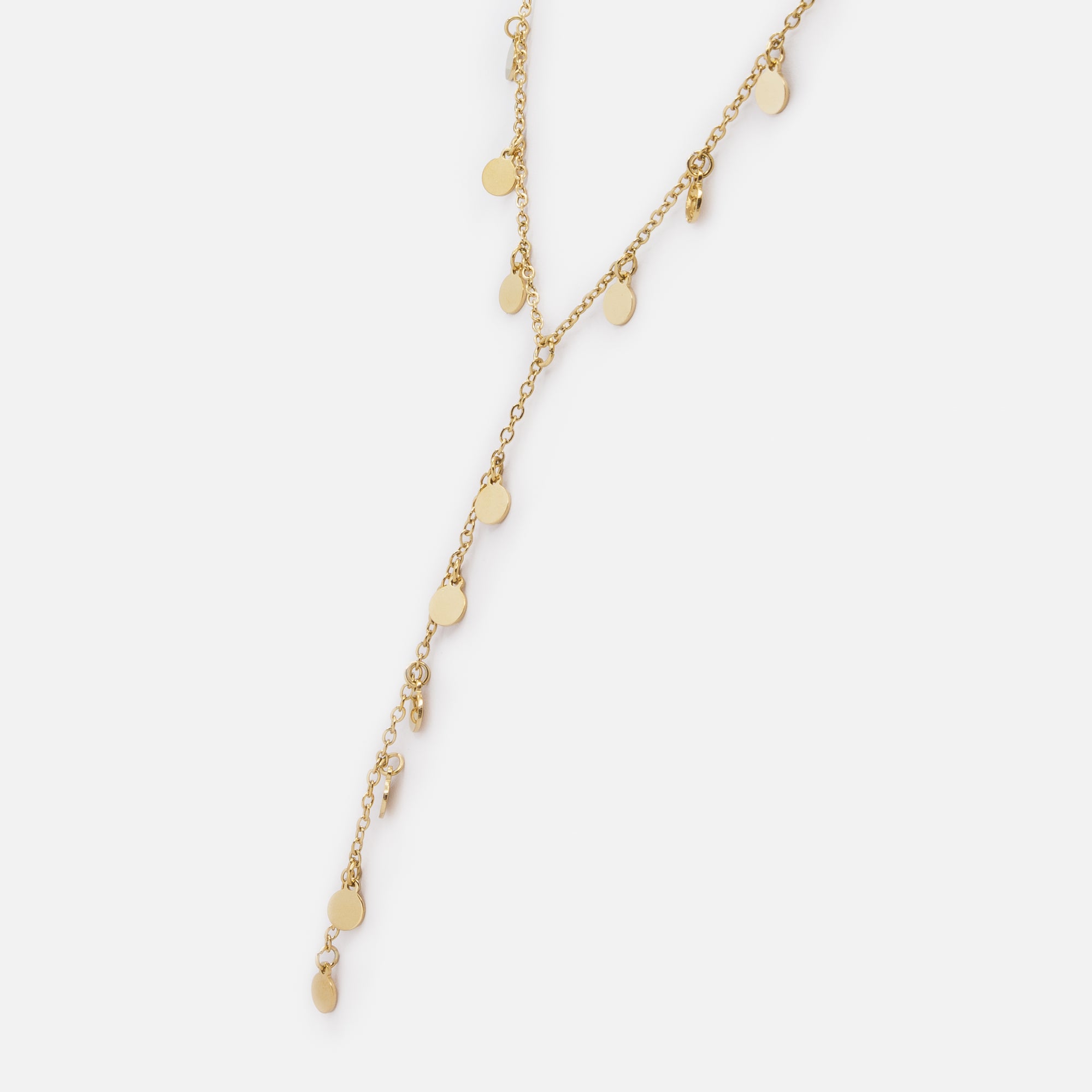 Gold necklace with round charms and long stainless steel pendant