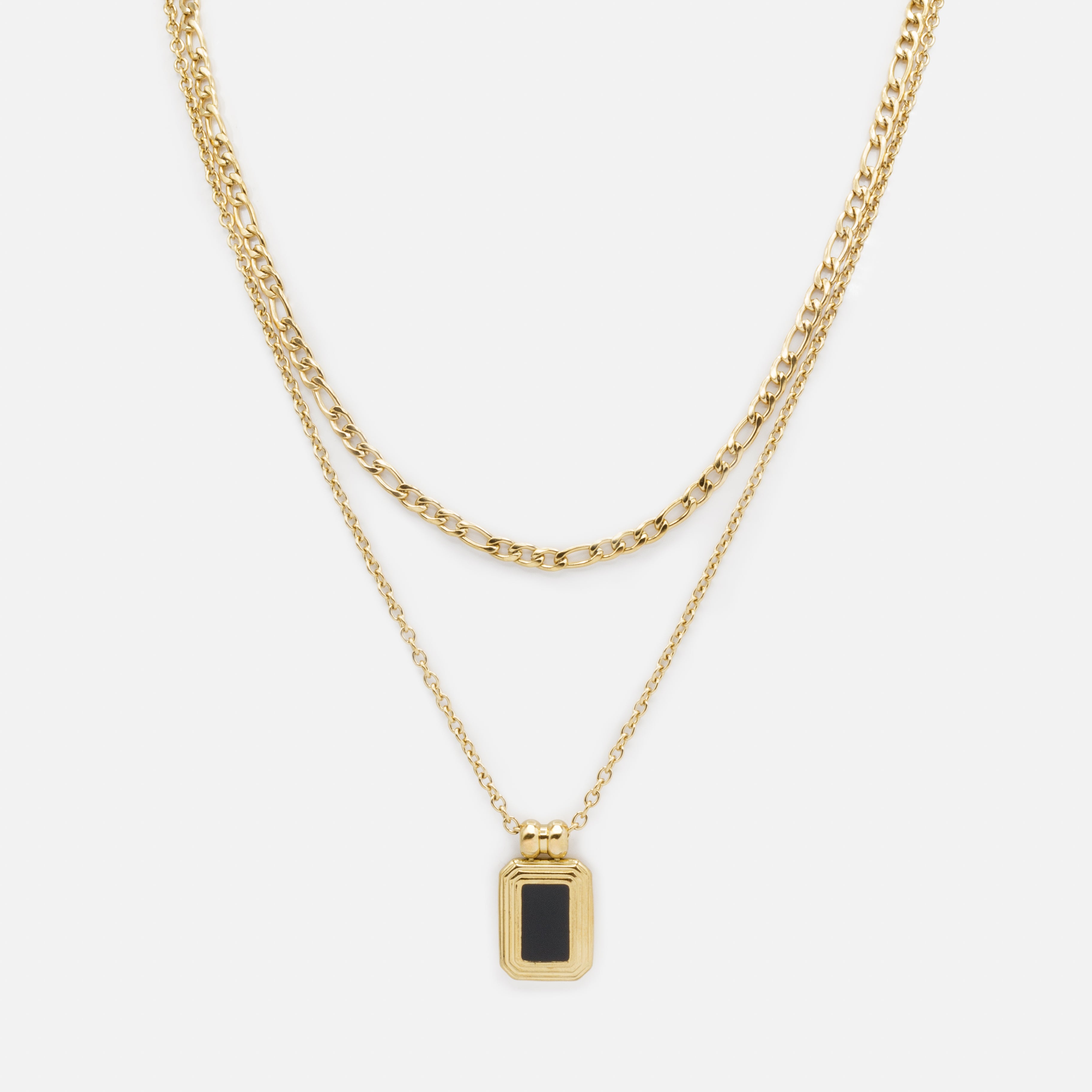 Ensemble doré chaîne à mailles figaro et collier à breloque rectangulaire noire en acier inoxydable
