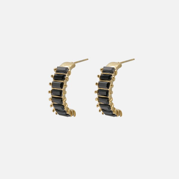 Charger l'image dans la galerie, Boucles d'oreilles demi-anneaux dorés avec pierres noires en acier inoxydable