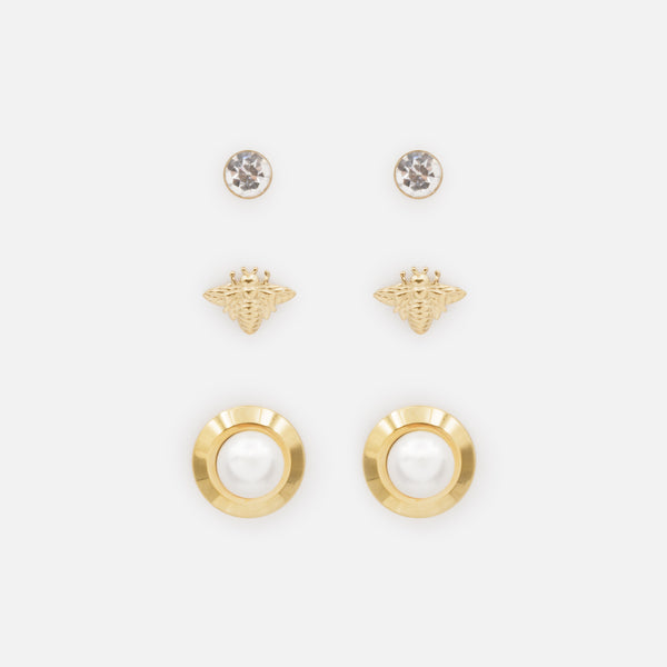 Load image into Gallery viewer, Trio of gold-plated stainless steel bee and pearl earrings