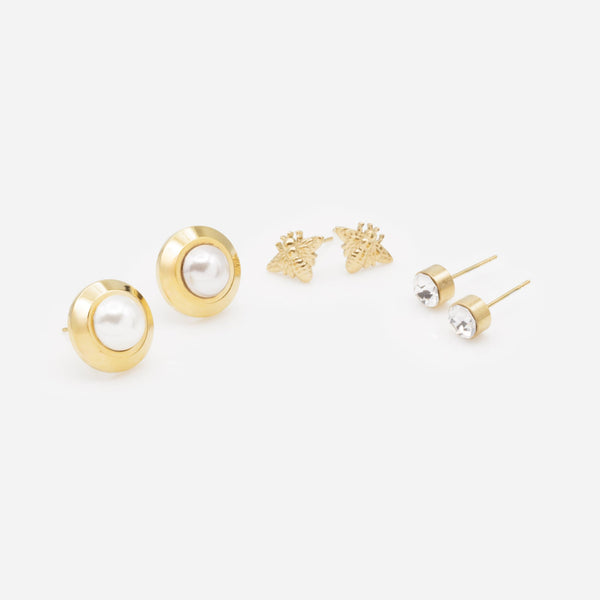 Load image into Gallery viewer, Trio of gold-plated stainless steel bee and pearl earrings