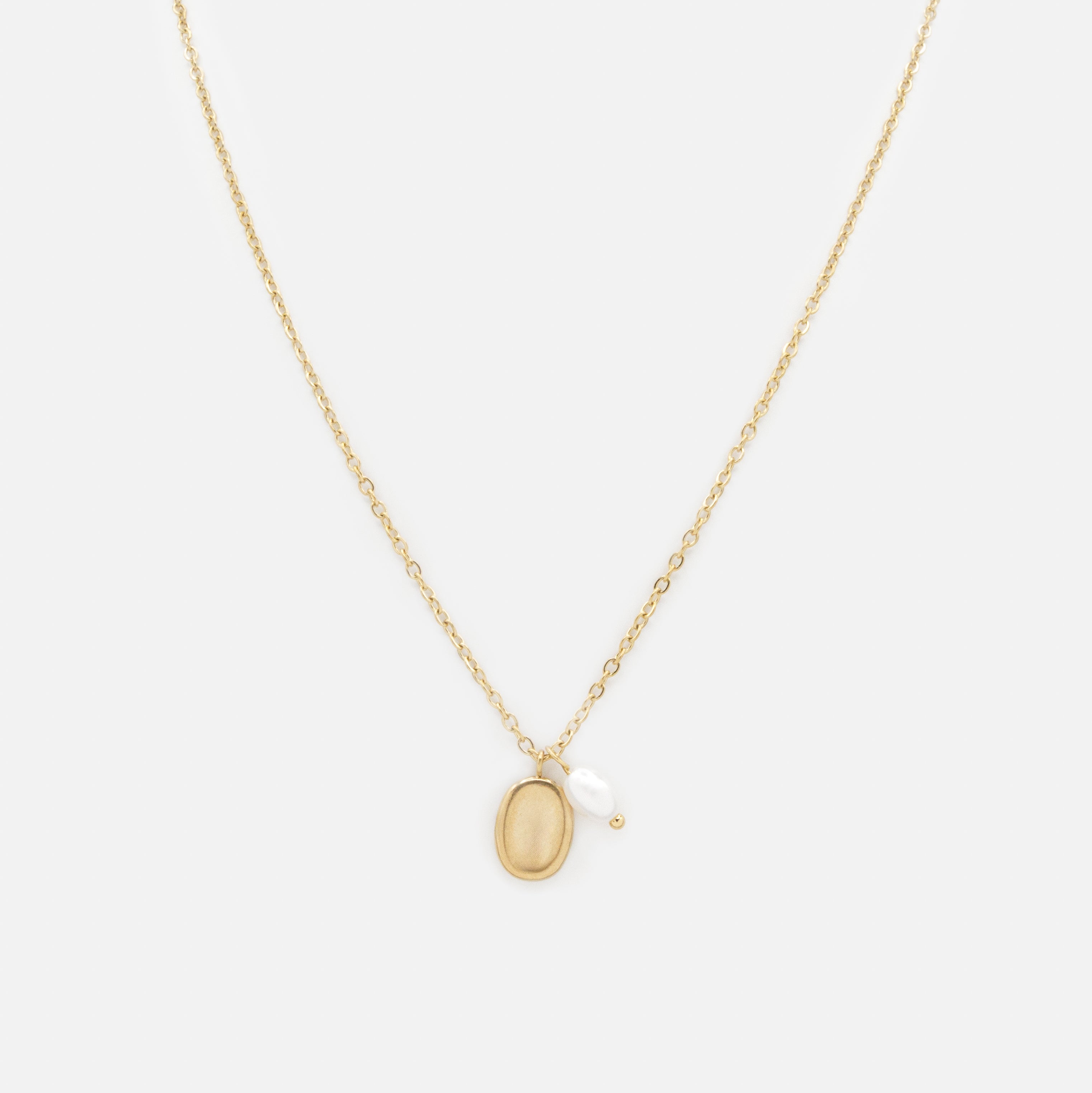 Collier doré avec breloques ovale et perle en acier inoxydable