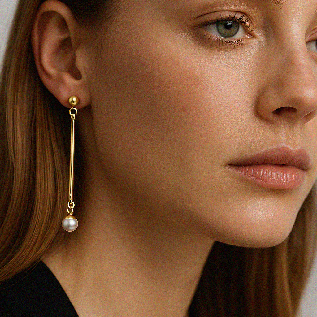 Long gold stainless steel pearl earrings