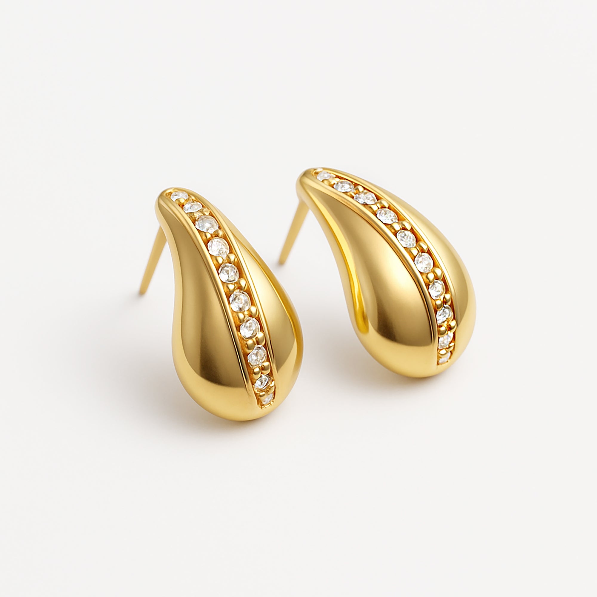 Gold-plated stainless steel earrings with a row of cubic zirconia stones