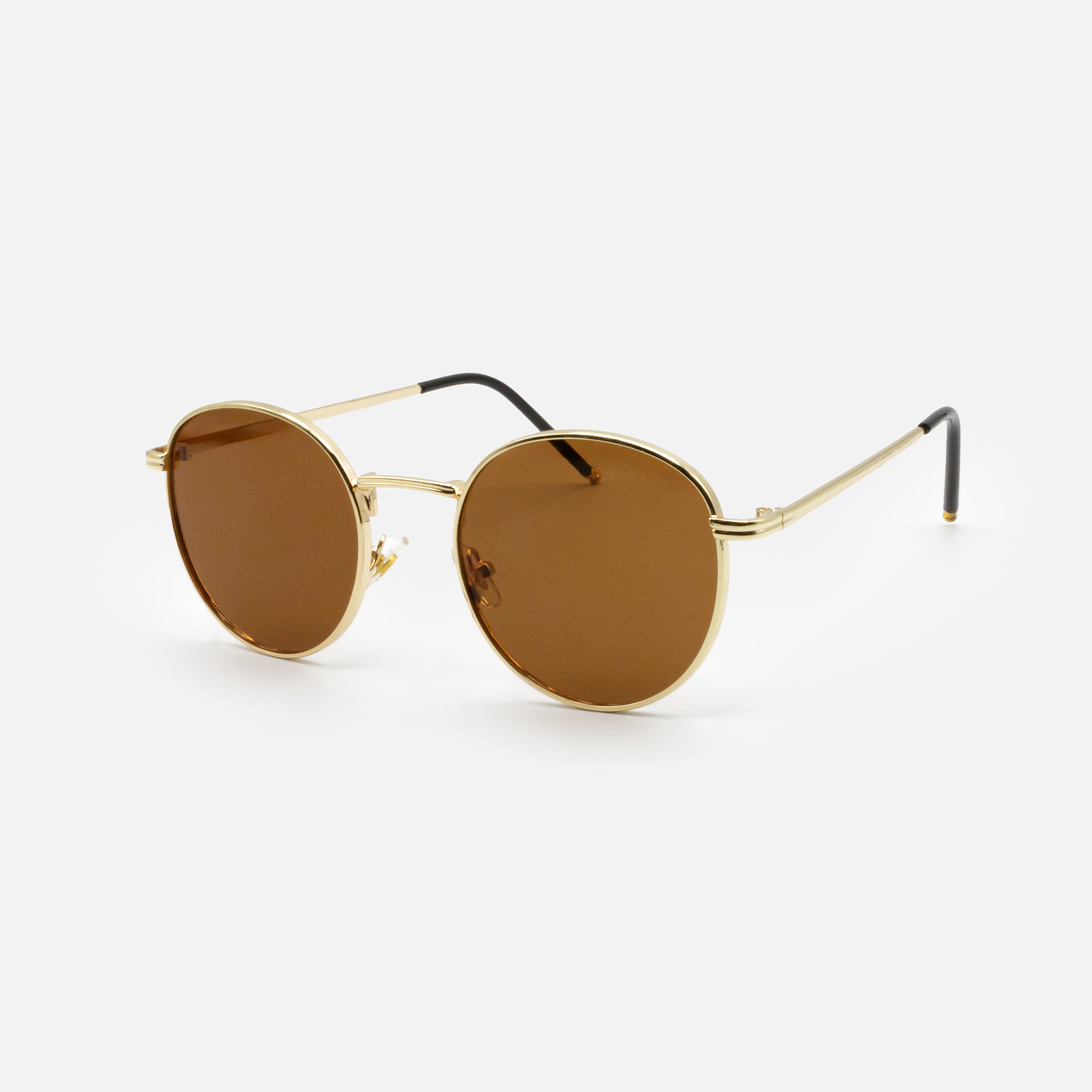 Round gold sunglasses with brown lenses