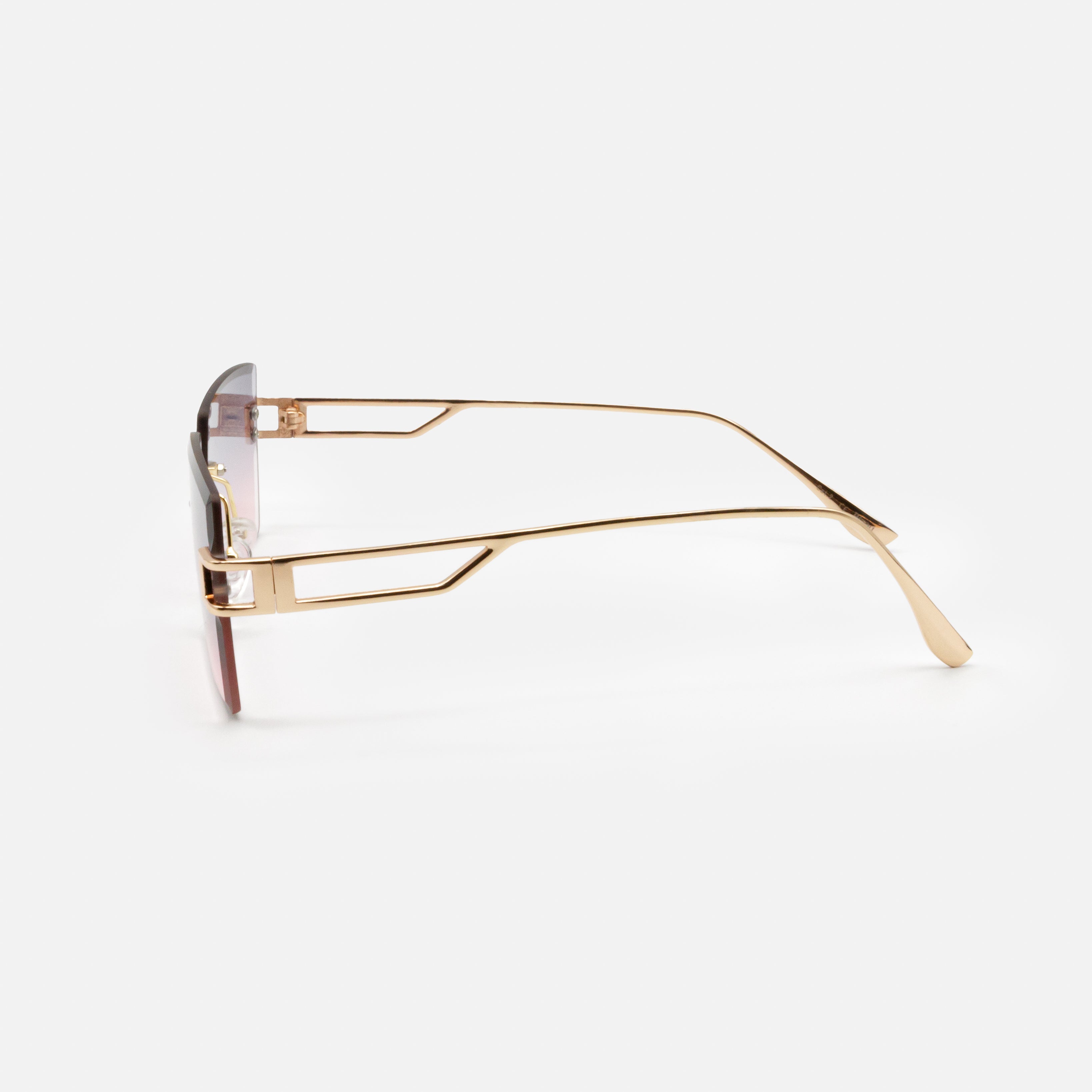 Gold rectangular sunglasses with pink lenses