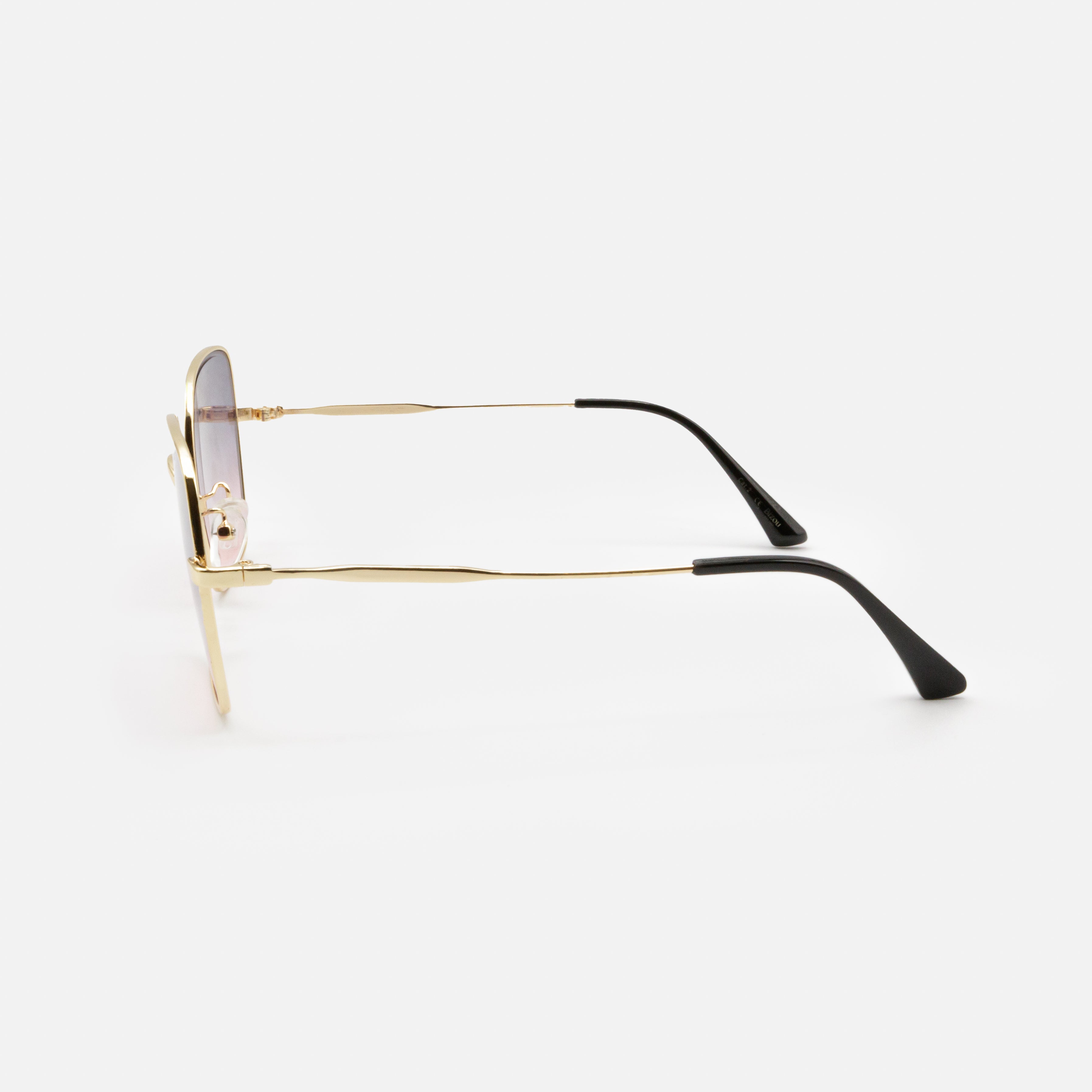 Gold square sunglasses with pink lenses
