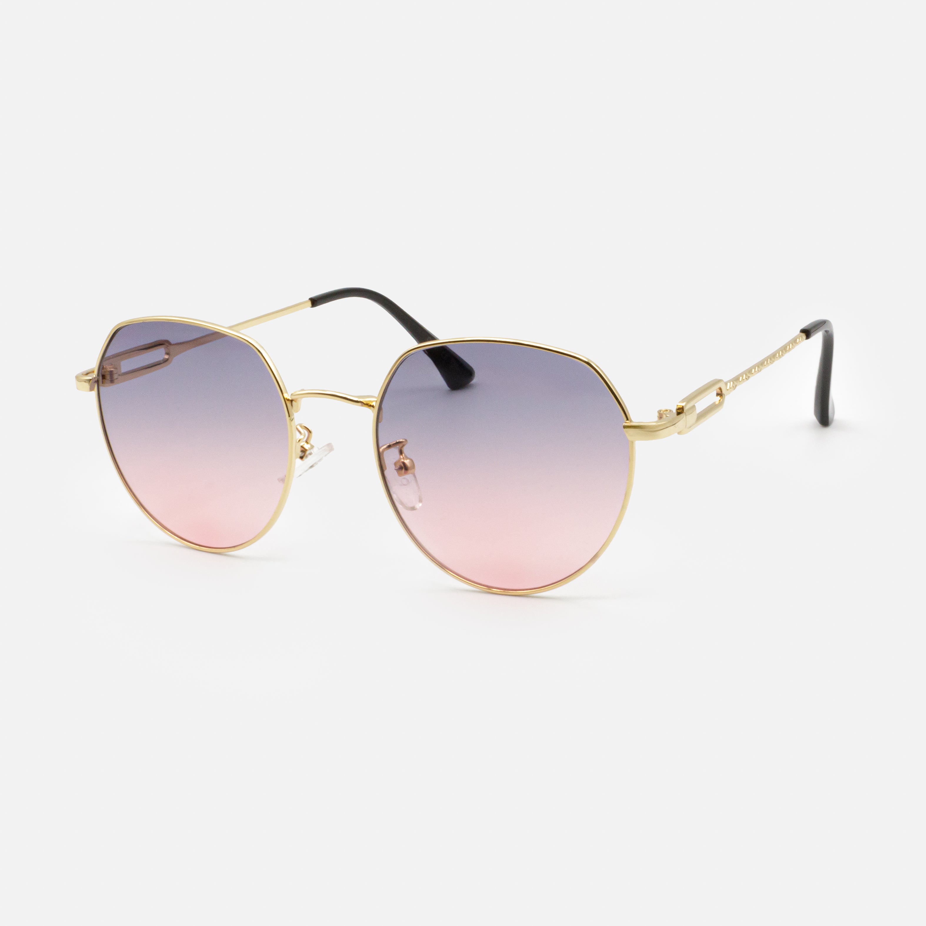 Gold sunglasses with purple and pink lenses