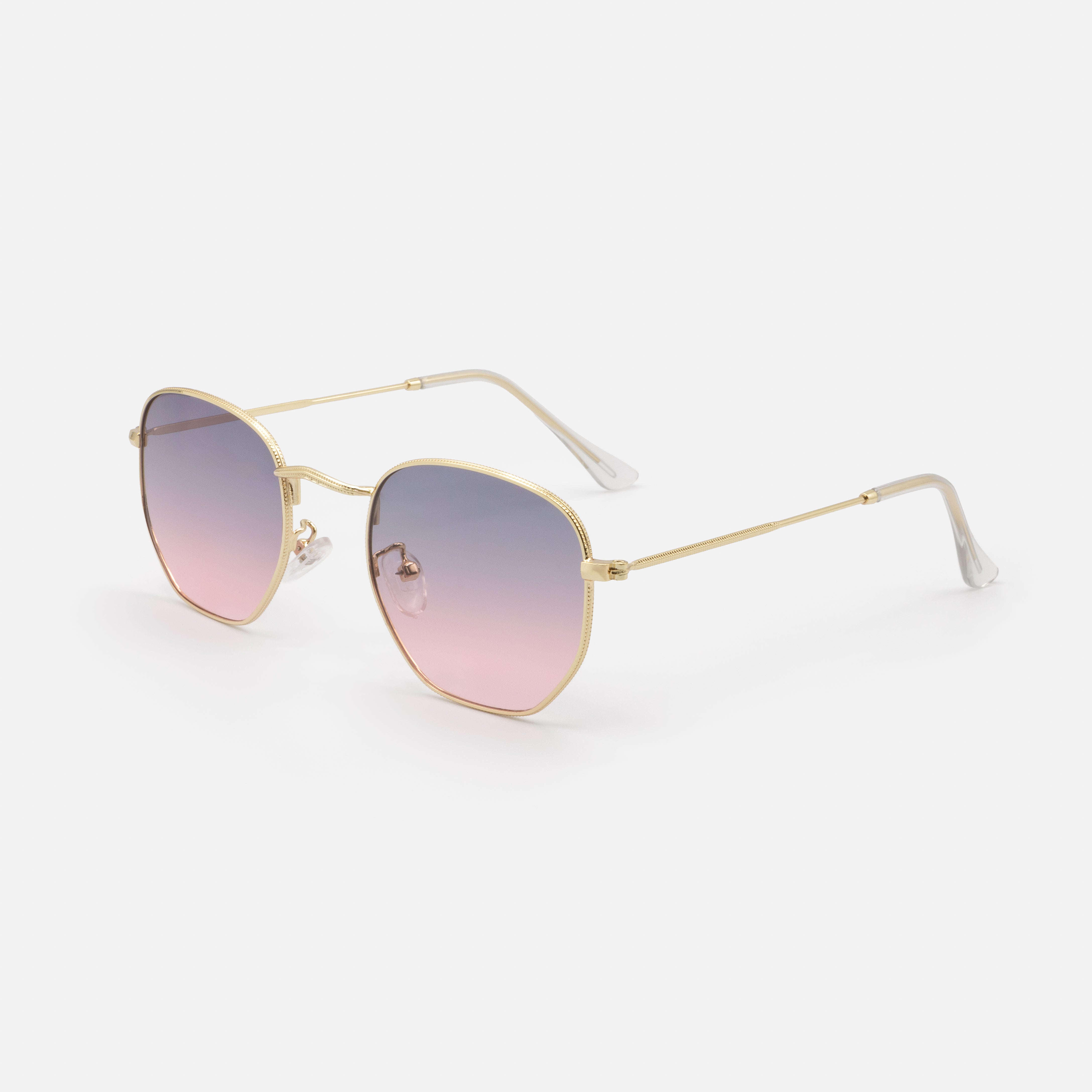 Gold sunglasses with purple and pink lenses