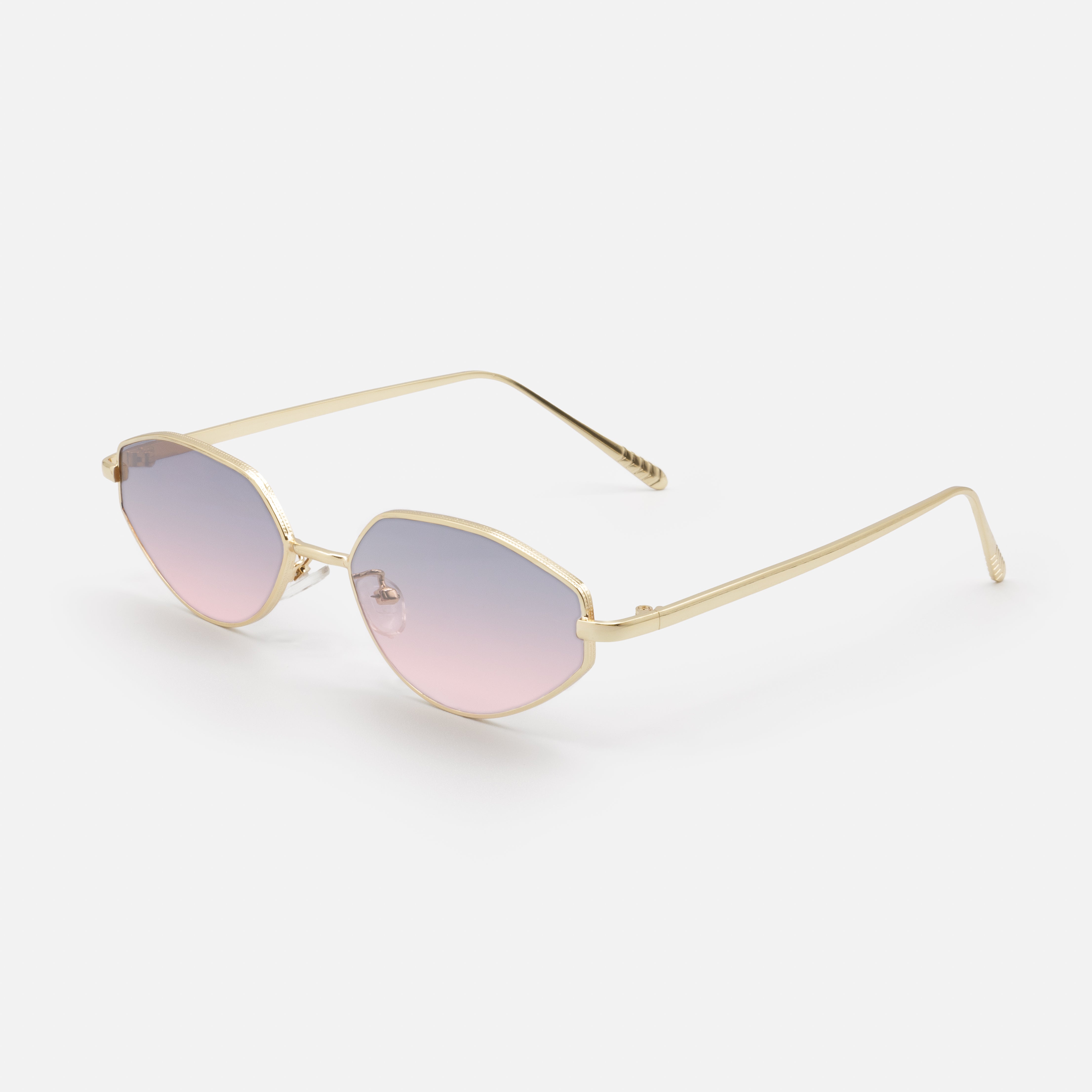 Gold sunglasses with purple and pink lenses