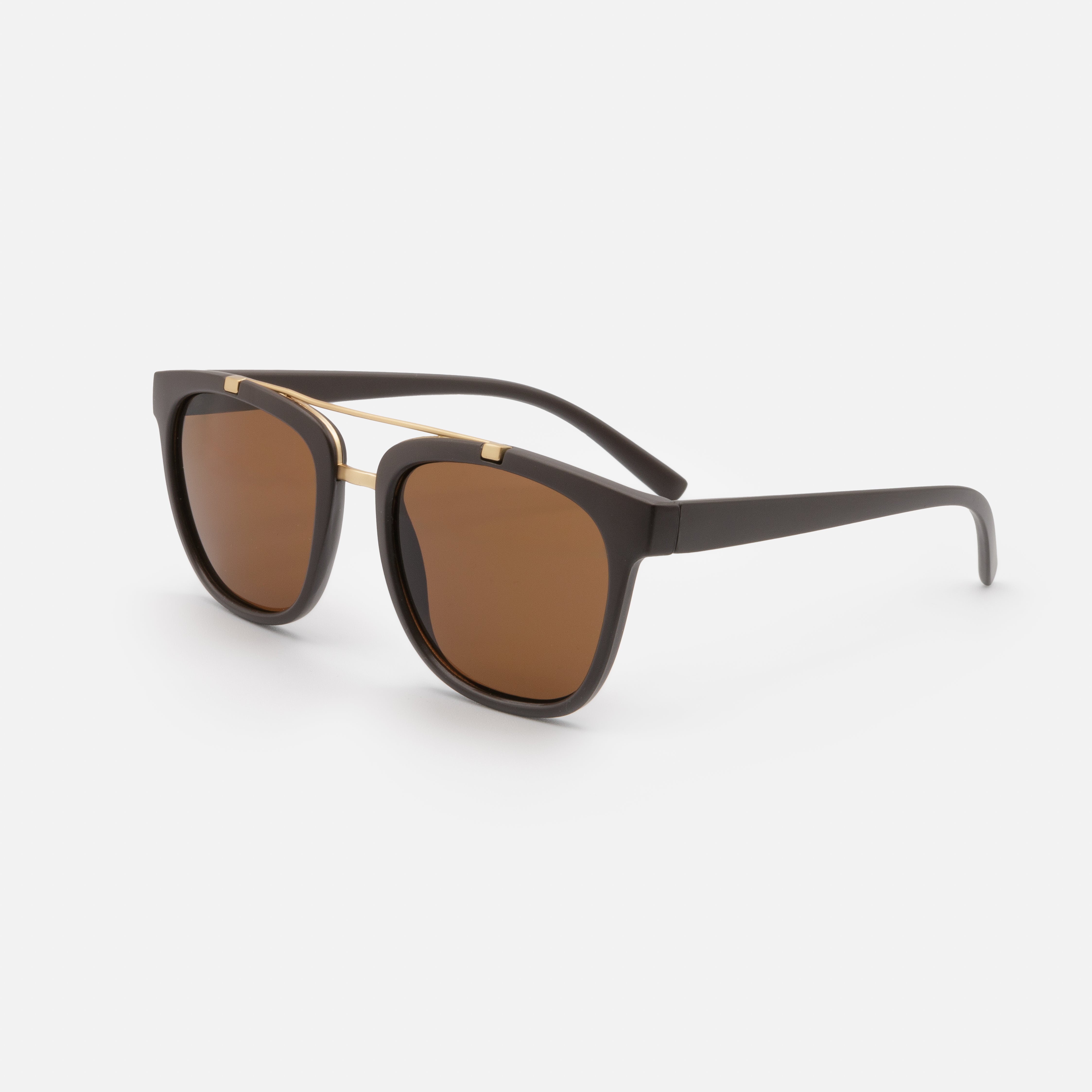 Dark brown sunglasses with gold bridge and brown lenses