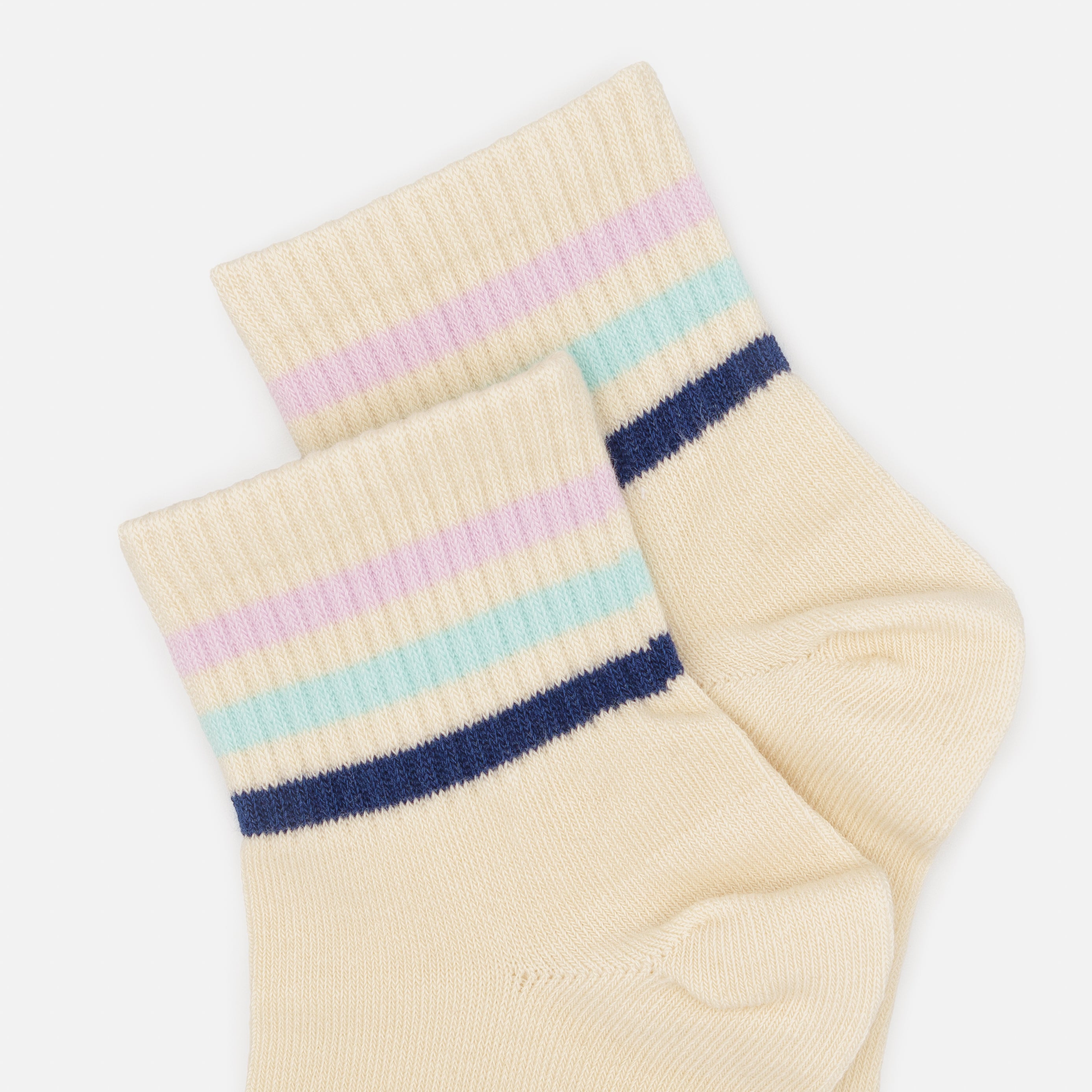 Mid-length cream stockings with multi-colored stripes