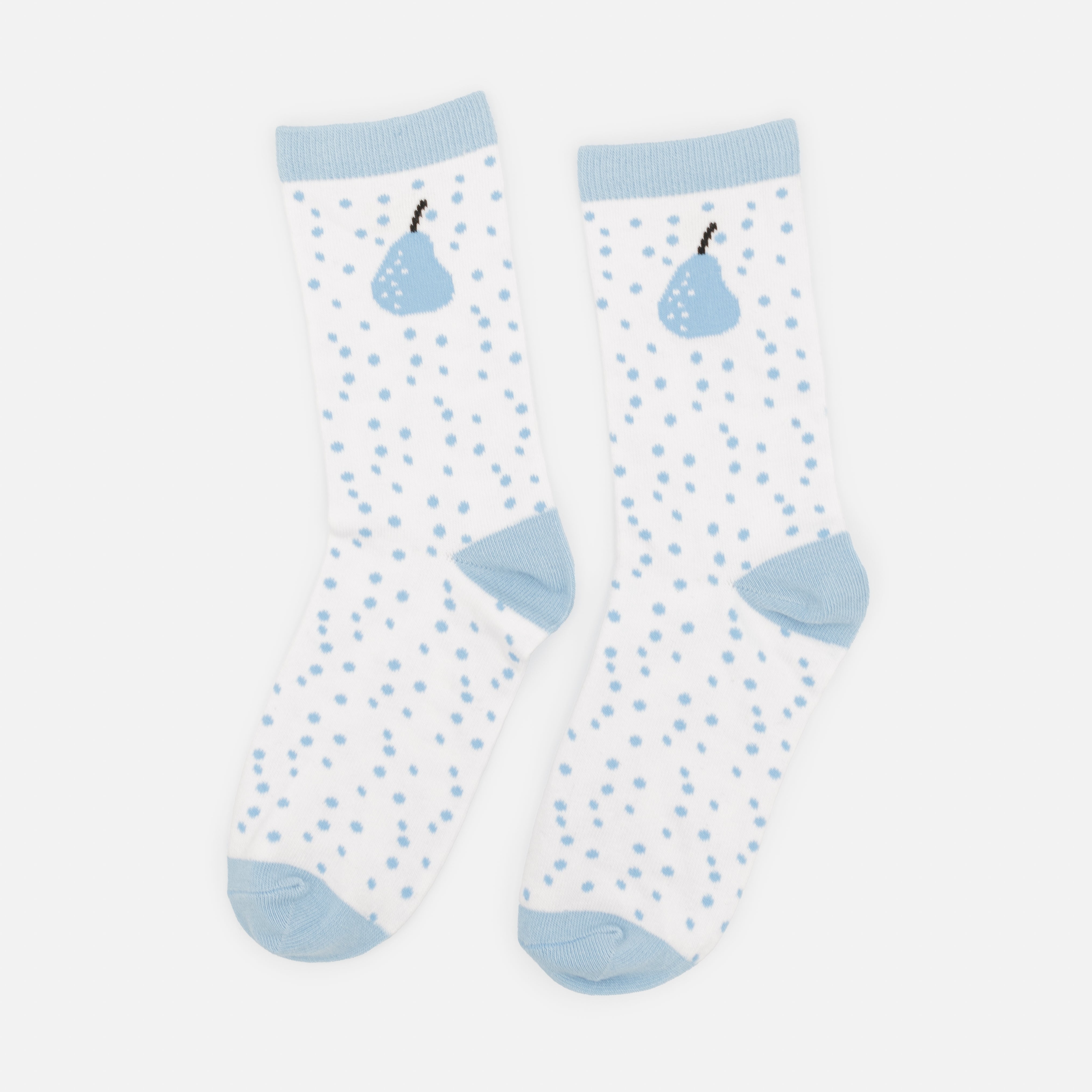 Bas blancs avec poire bleue et pois