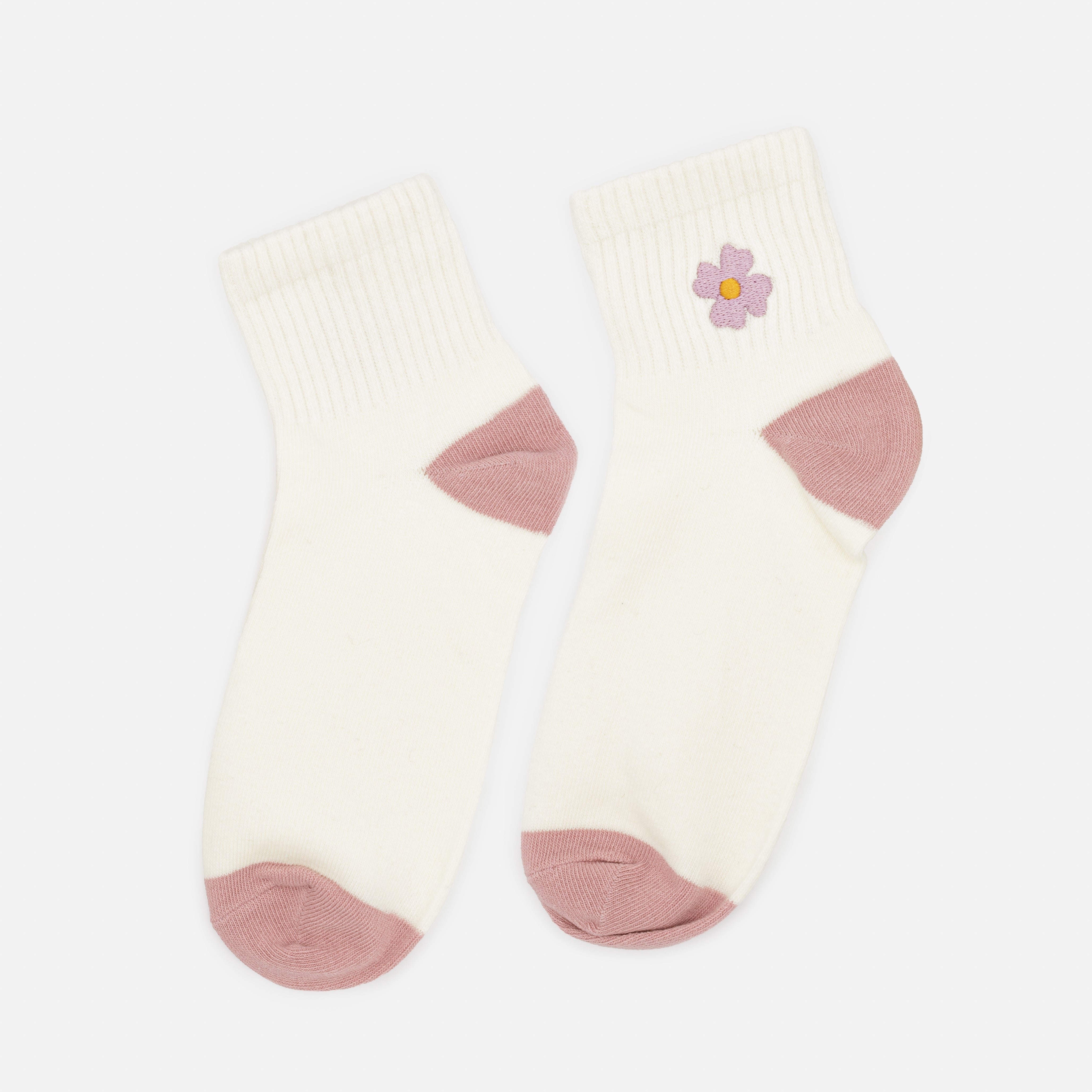 Bas cheville crème côtelés avec broderie fleur mauve