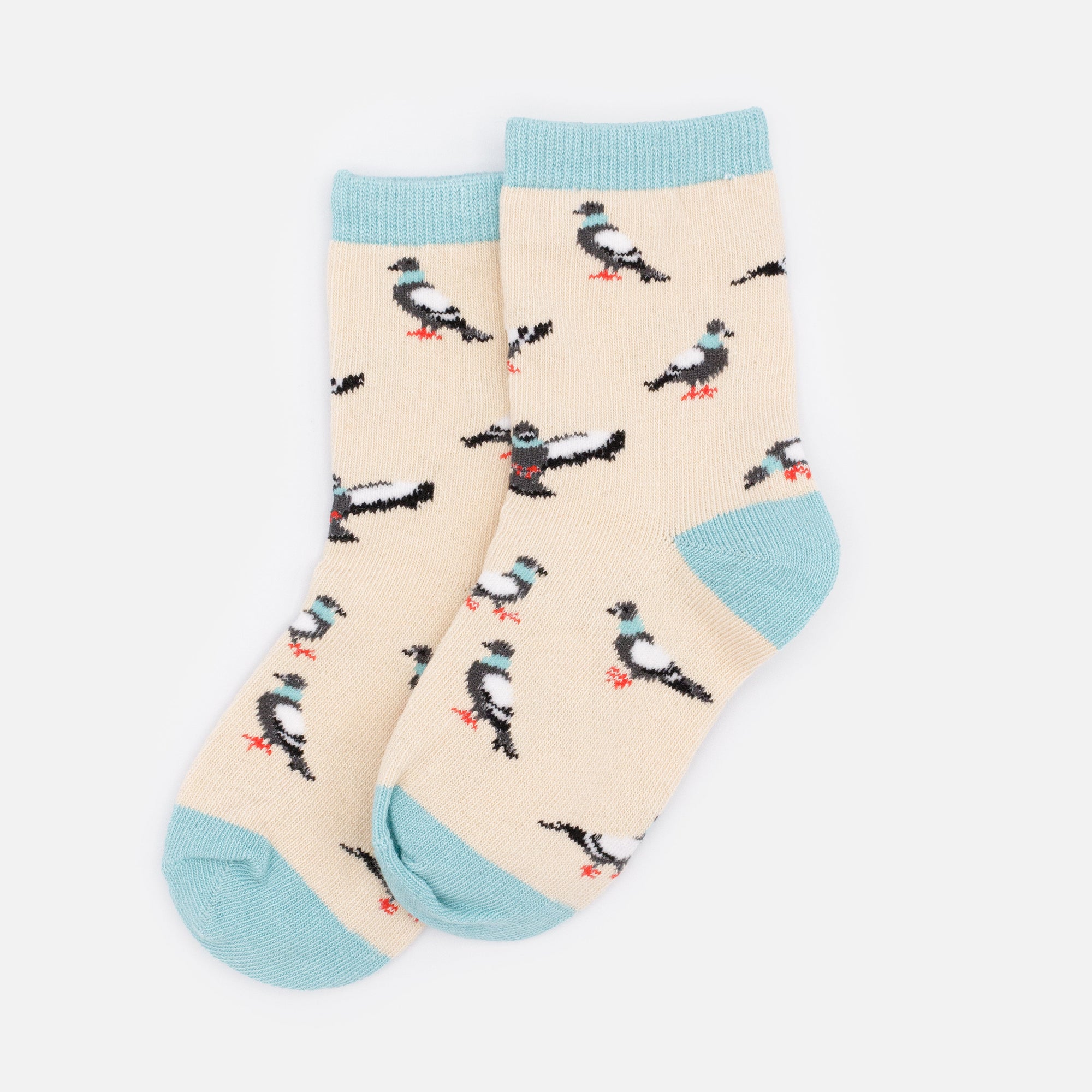 Mini bas beiges & turquoise avec pigeons