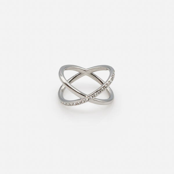 Load image into Gallery viewer, Silver "X" Ring with Cubic Zirconia in Stainless Steel