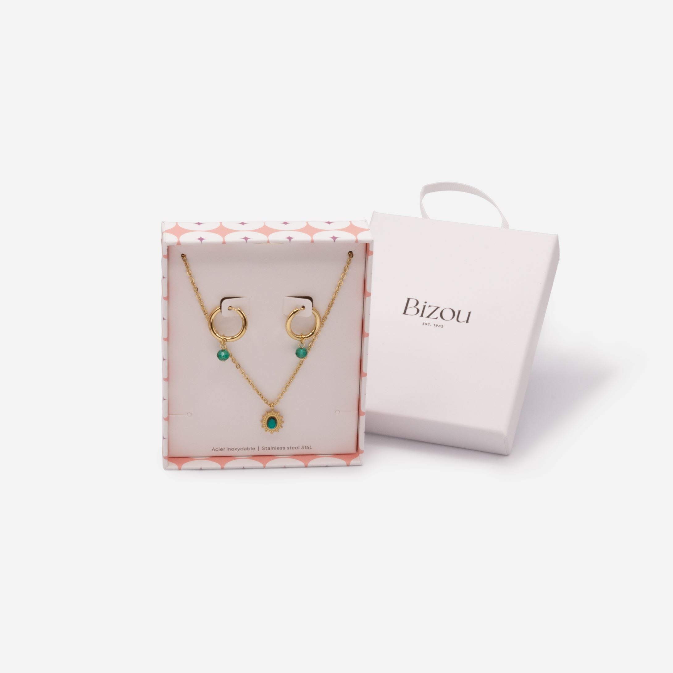 Ensemble collier et boucles d'oreilles anneaux dorés avec pierres vertes en acier inoxydable