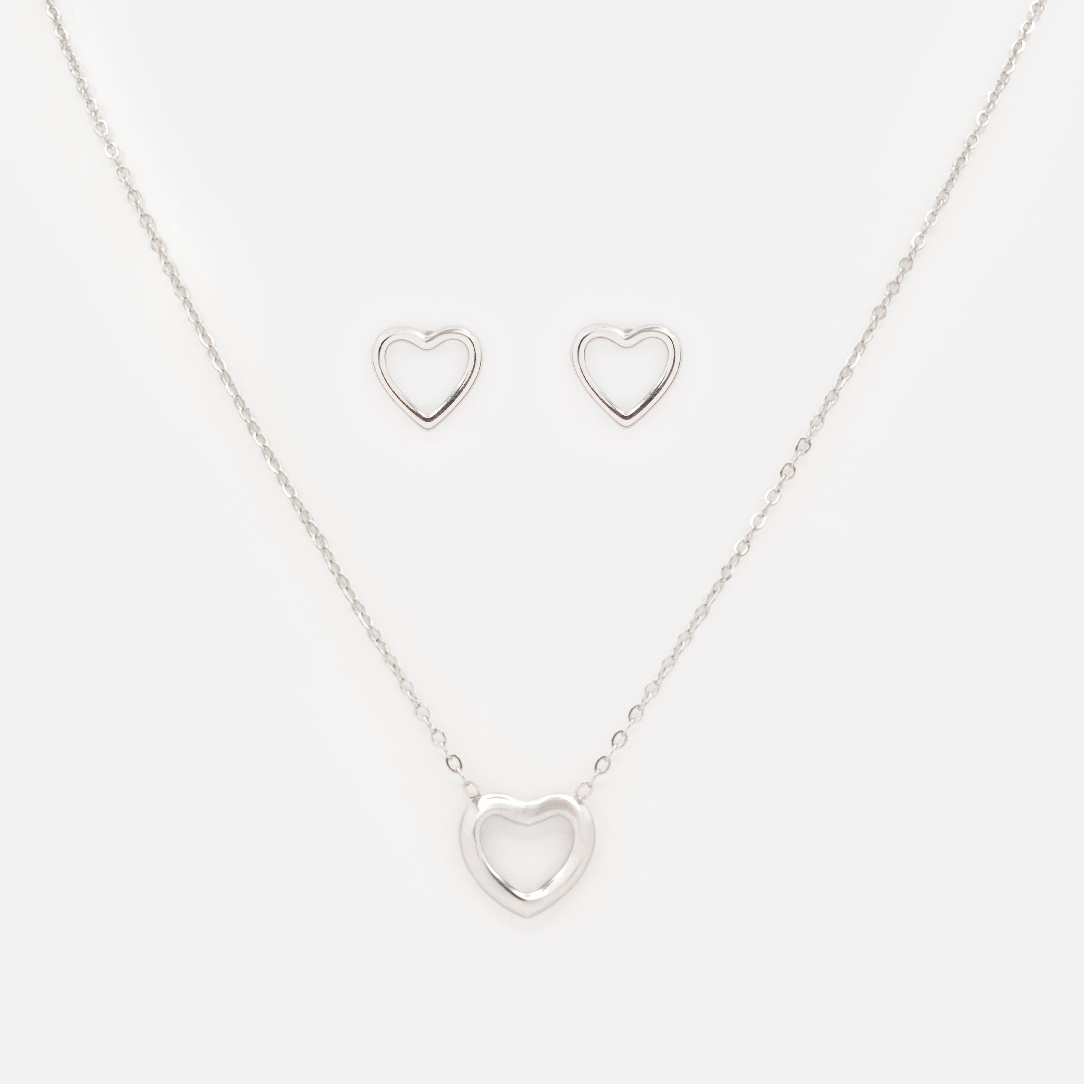 Ensemble collier et boucles d'oreilles argentés coeurs délicats en acier inoxydable
