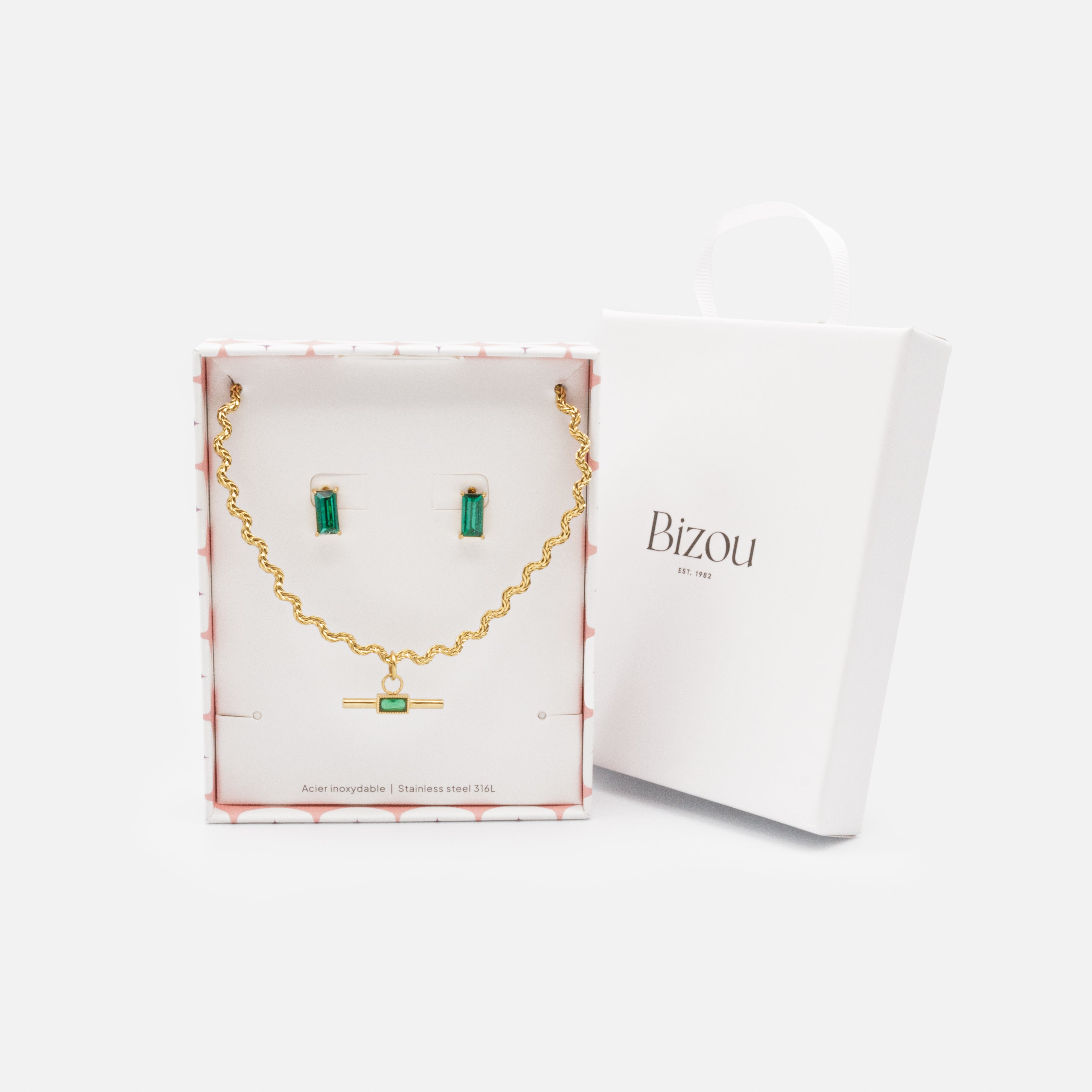 Ensemble collier et boucles d'oreilles dorés avec pierres émeraude en acier inoxydable
