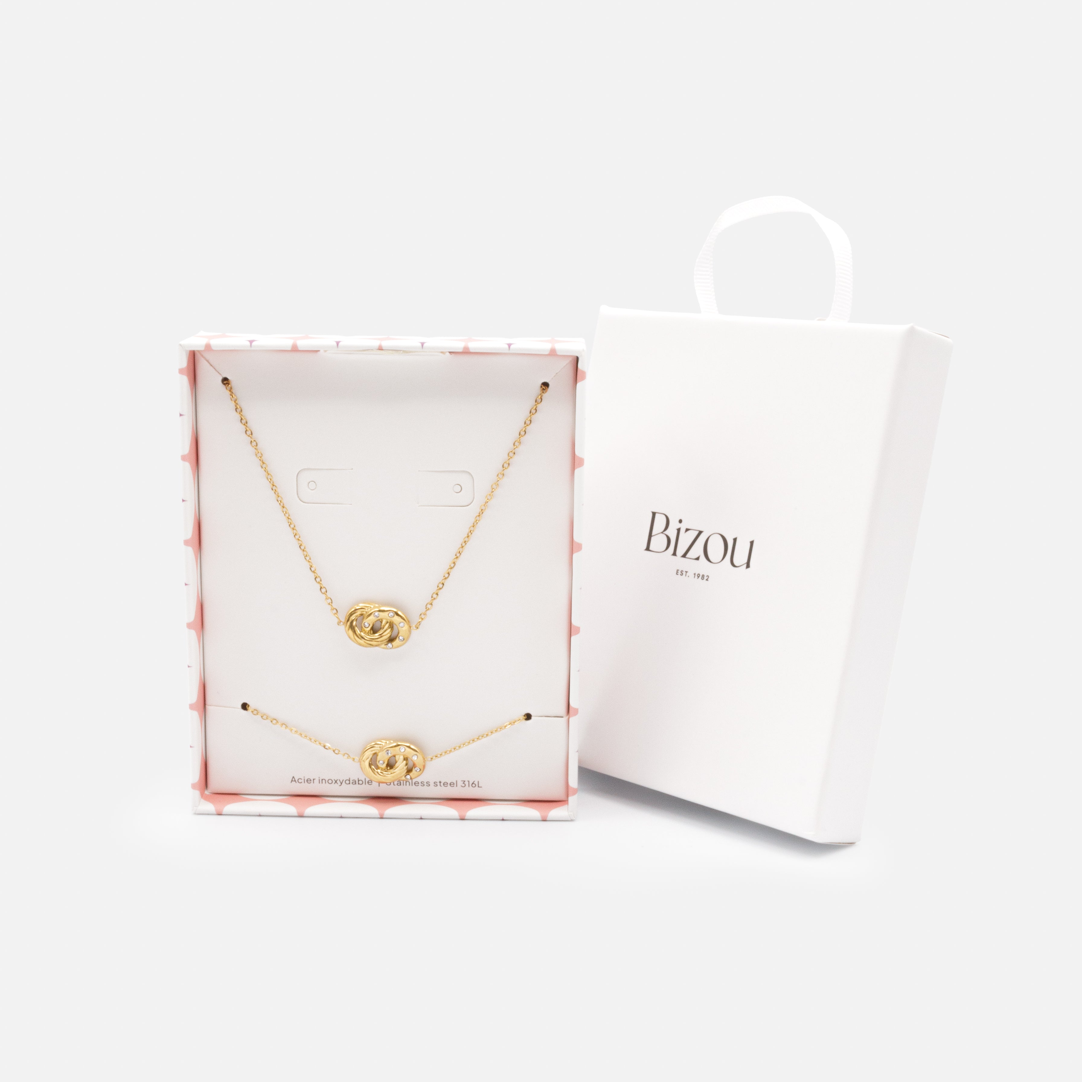 Ensemble collier et bracelet dorés anneaux entrecroisés en acier inoxydable