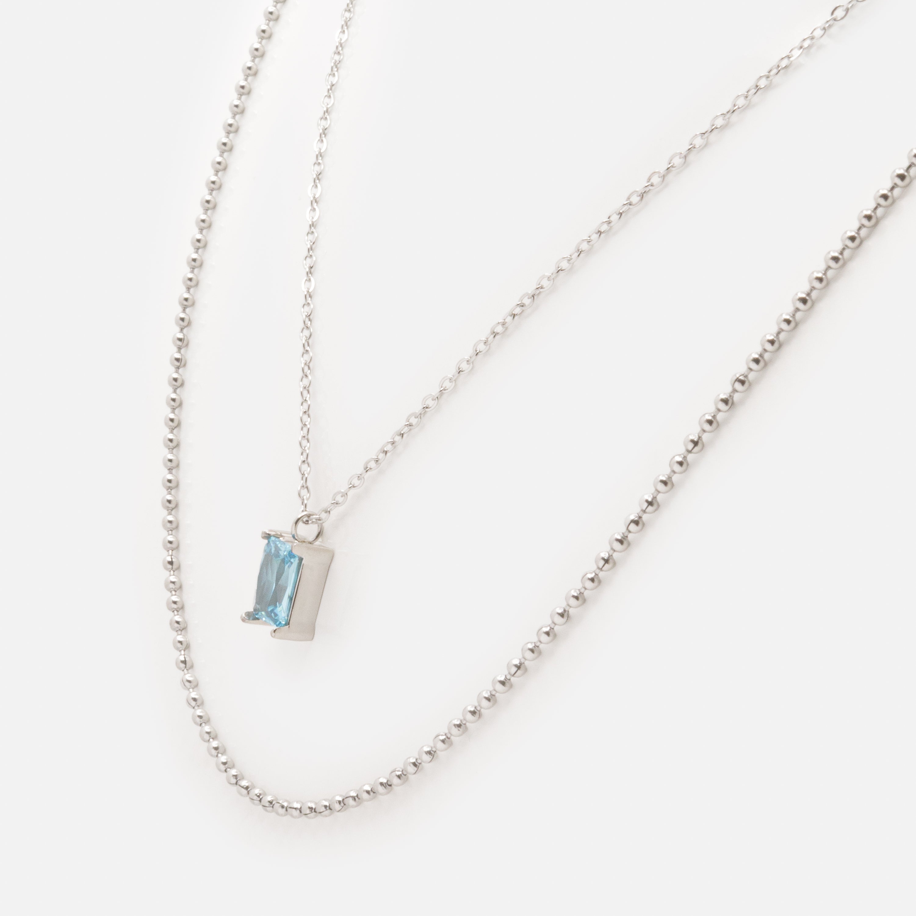 Collier argenté double chaîne avec pierre bleue en acier inoxydable